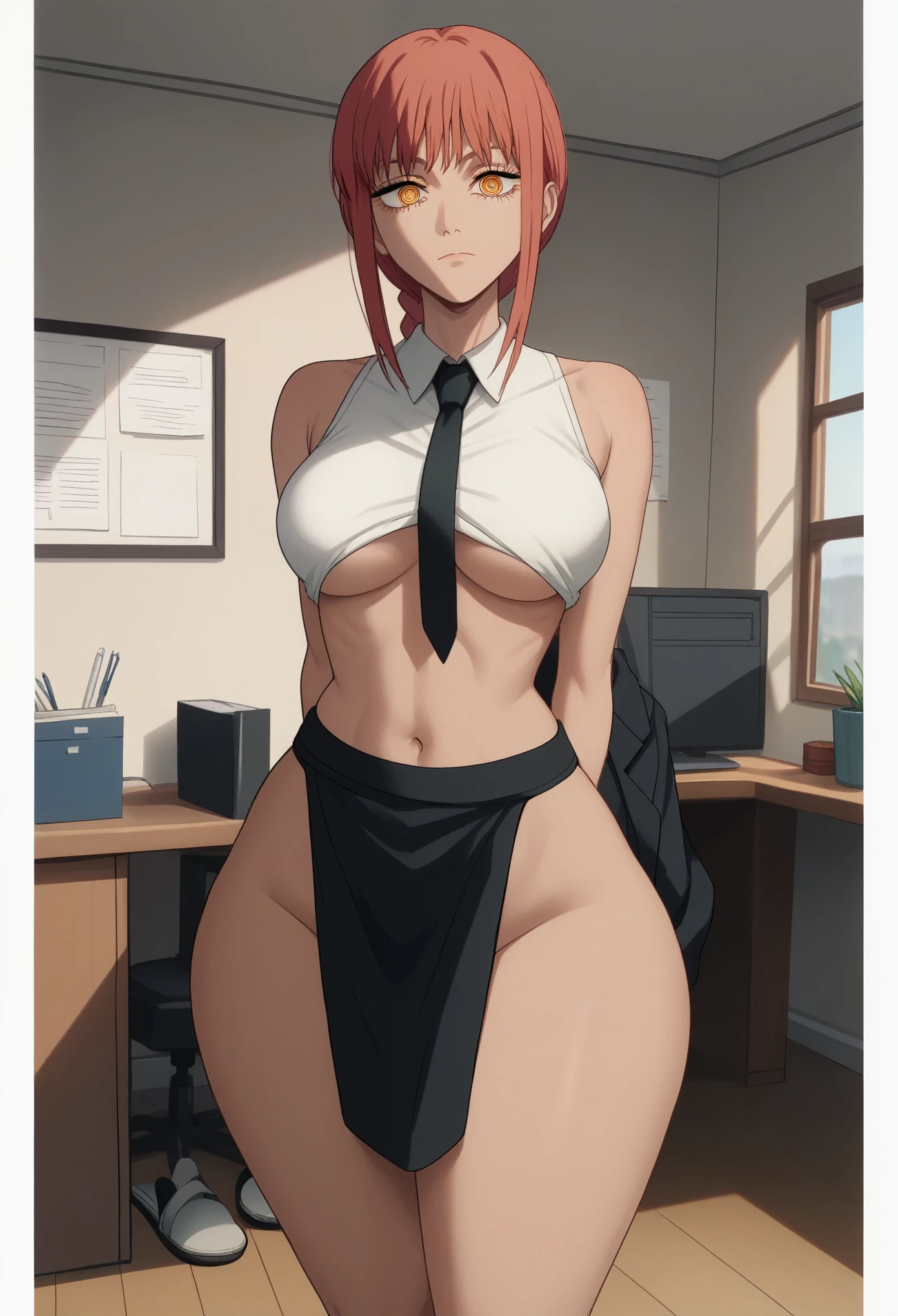 
score_9, score_8_up, score_7_up, score_6_up, score_5_up, score_4_up, 2d, solo, extremely detailed face ,anime, anime artstyle, simple shadows, flat coloring, flat shadows, thick lines, 1girl, femloin loincloth, curvy, thick thighs, wide hips, indoors, big dark office, dark room , big dark window behind, afternoon ,formal clothes, shirt, necktie, jacket, office wear, makima(chainsaw man), standing with legs closed and arms behind her back. , navel BREAK source_anime, big anus, shirt not covering breasts, naked breasts, tan skin, tan skin, perfect nipples naked, black flipflops, black loincloth, sleeveless shirt, , D-ART Style, 18dart3, 18dart2, 18DART1