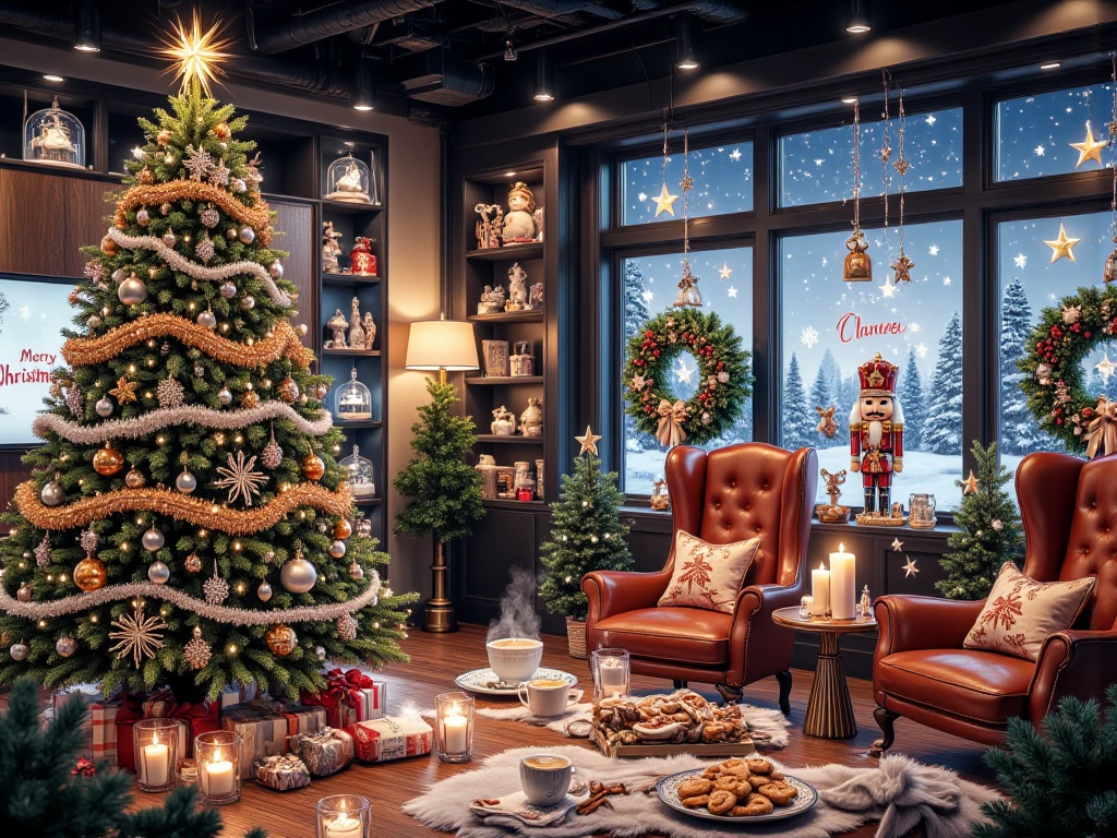 A large, modern office space in an IT company with many Work spaces, filled with detailed and realistic Christmas decorations, resembling a festive many hidden-object scene with a sense of depth and space. A lush Christmas tree with shiny white, orange, and silver ornaments stands prominently, wrapped in warm LED lights, sparkling tinsel, and elegant garlands, topped with a glowing star. In the front-right area is a cozy seating nook with warm-colored armchairs and a table lovingly set with a plate of Christmas cookies and two large white cups of steaming coffee with visible steam rising.

The room features festive details throughout: intricate snow globes, small angel and reindeer figurines on shelves, a traditional nutcracker near the tree, an Advent wreath with four candles and small ornaments on a side table, window decorations with snow spray for a frosty effect, glowing stars, and string lights on the windows. A green wreath with red berries adorns the door, and Christmas-themed candle holders, delicate pine branches, and cinnamon sticks sit on the table, along with a red and gold tablecloth with winter patterns.

Additional touches include cozy winter pillows with snowflake patterns in the armchairs, a large screen in the background displaying 'Merry Christmas,' subtle LED lights on the office walls, a small decorative sled, and mini Christmas-themed motifs throughout, creating a warm and inviting holiday atmosphere. The image should be highly realistic, filled with sharp, detailed elements, rendered at 300 DPI for clarity, and convey a strong sense of space and depth for an immersive photographic quality without graphical errors.