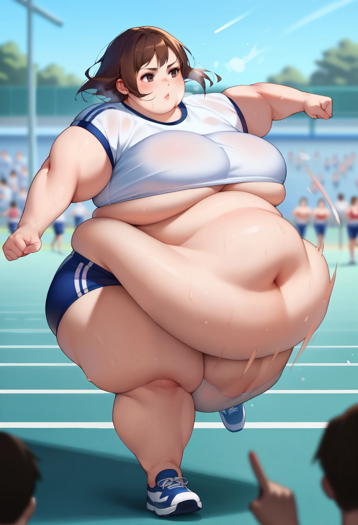 High school girls jogging, gym uniforms, crowd of girls, out of breath, sweating,, bouncing breasts, motion blur, action shot,  (covered breasts), obese girl, bouncing belly