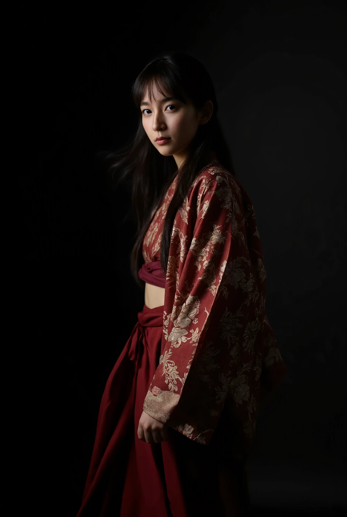 A photorealistic portrait of a young East Asian woman wearing a traditional kosode and uchikake. The setting features dramatic lighting, with strong contrasts of light and shadow, similar to a spotlight effect. The woman's figure is partially illuminated, casting deep shadows on the dark background, creating a moody, cinematic atmosphere. She is dressed in a richly colored uchikake with detailed floral patterns, which drapes elegantly over a kosode. The lighting highlights the textures of the fabric while leaving parts of the attire and her form in shadow. Her long, black hair moves subtly with the light, and her expression is serious and captivating. The overall scene blends traditional Japanese clothing with a modern, intense light and shadow effect, emphasizing both elegance and mystery