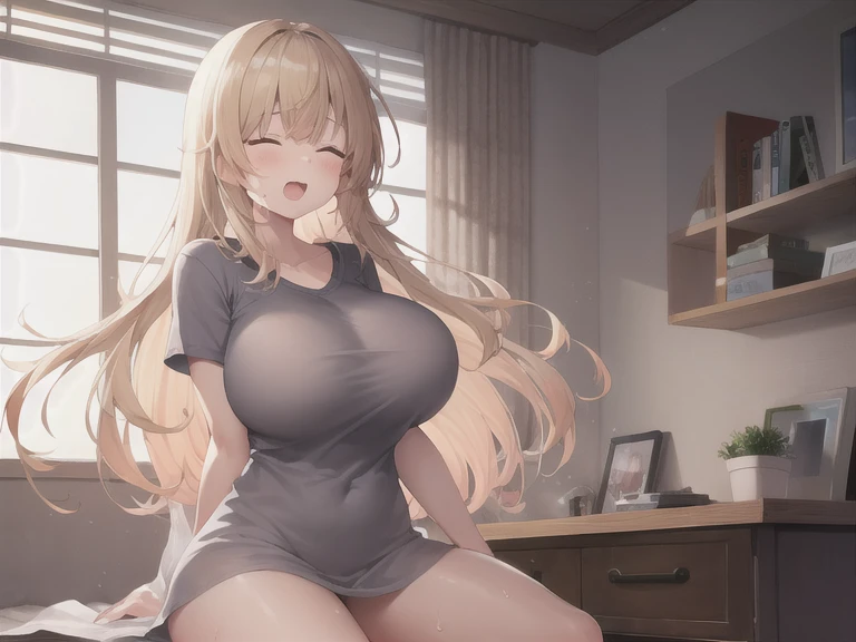 absurdity,   high resolution ,  of the highest quality , 扇wind機, 1 girl, Seiza, Plus size clothing, shiina mahiru, T-shirts, bottomless, wind, wind lift,  blonde hair ,  Long hair, open your mouth, eyes closed, Leg spread, indoors, sweat,super big boobs, E-cups, powerful hips, see-through, floating hair, blunt bangs, красивые длинные ноги, ноги раздвинуть, анальный секс, девушка испытывает огромное удовольствие от волны многочисленных оргазмов, вагина пылает от продолжительного и бурного полового акта с ласковым партнёром у которого мощный и неутомимый член ( Пенис)Реалистичная анатомия, 