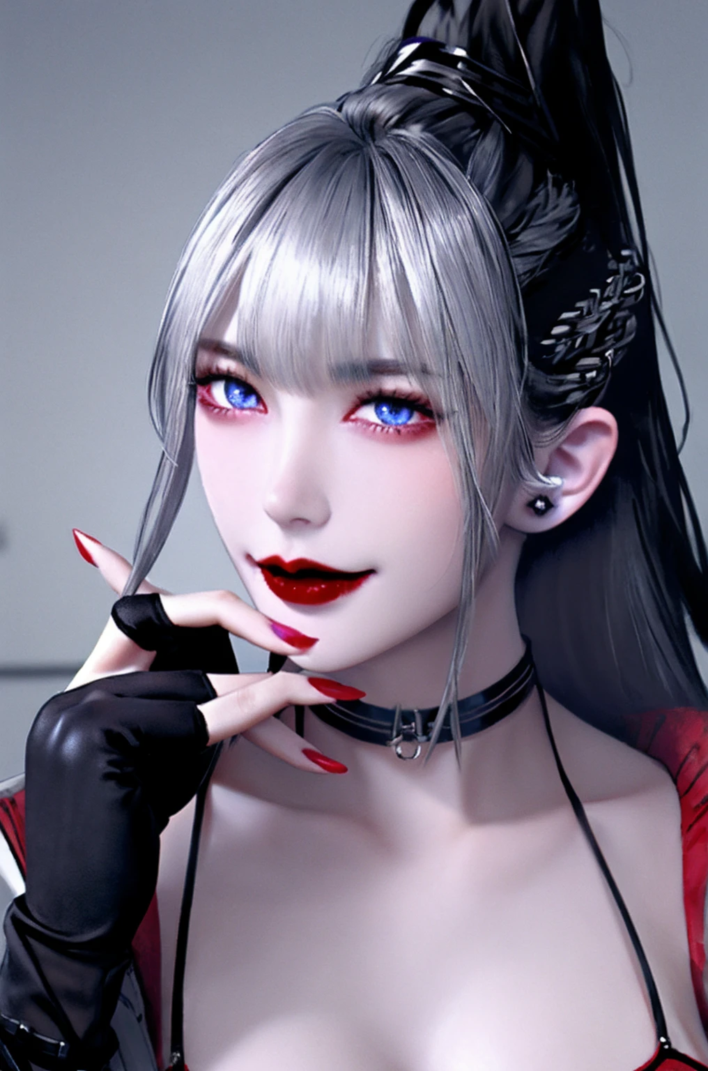 1girl, baiyi, bangs, black choker, black gloves, blue eyes, cleavage, earrings, fingerless gloves, grey hair, high ponytail, jacket, jewelry, large breasts, long hair, looking at viewer, nail polish, parted lips, smile, red lips, purple nails, solo, upper body,[[realistic]],(shiny skin),(masterpiece:1.4),(best quality:1.4),gigantic breasts,red lips,rich,goddess,extremely delicate and beautiful,mature female,milf