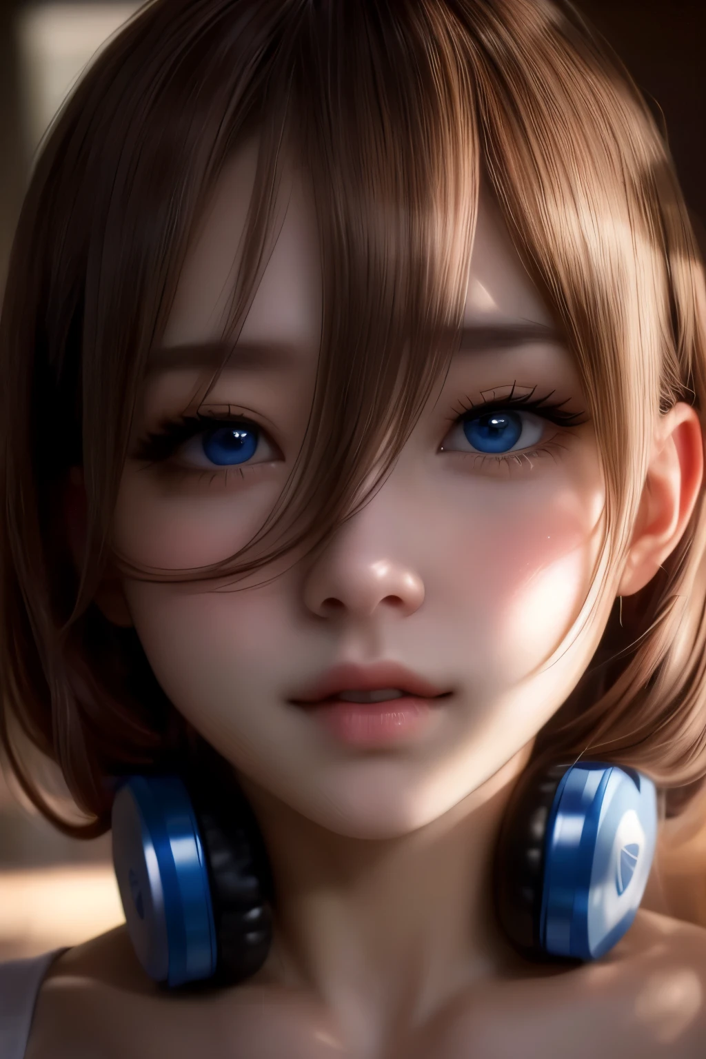 "A hyper-realistic portrait of Nakano Miku, shot on an Arri Alexa LF with a Zeiss Master Prime 50mm lens at f/1.4, capturing her detailed facial features and delicate skin in the warm glow of golden hour lighting. Her large blue eyes sparkle with a cheeky expression as she looks directly at the viewer, her brown hair cascading between her eyes, wearing headphones and a loose, mid-cut t-shirt that reveals a subtle underboob. The micro miniskirt adds a dynamic touch to her moving pose, with the entire scene illuminated by soft, cinematic lighting, casting subtle shadows and emphasizing complex textures, inspired by Roger Deakins' mastery of natural light."