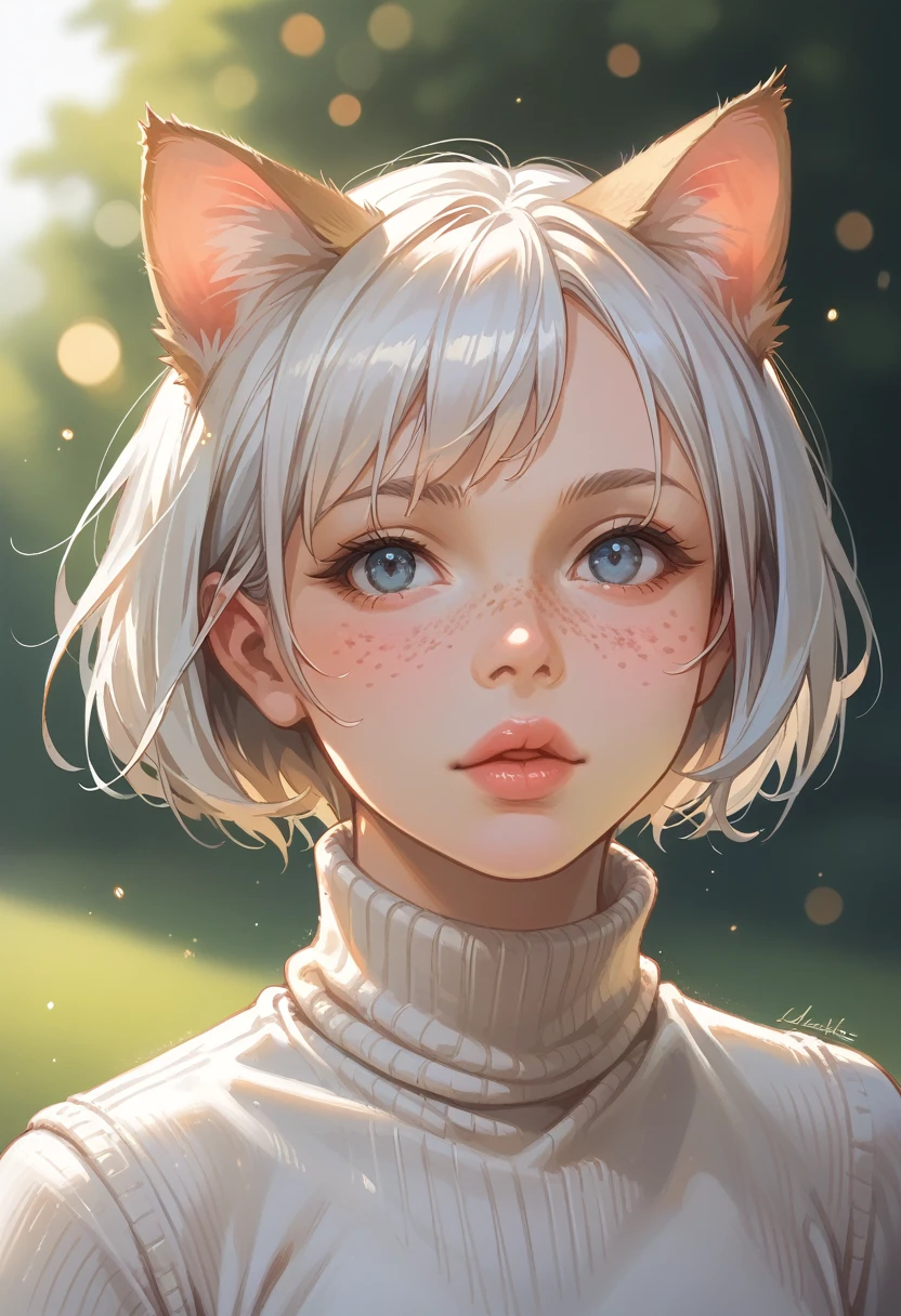 Portrait shot, short hair, freckles, white hair, cat ears, full lips, turtleneck sweater, bokeh background, outside, (masterpiece), (best quality:1.2), absurdres, intricate details, (highly detailed skin:1.2),