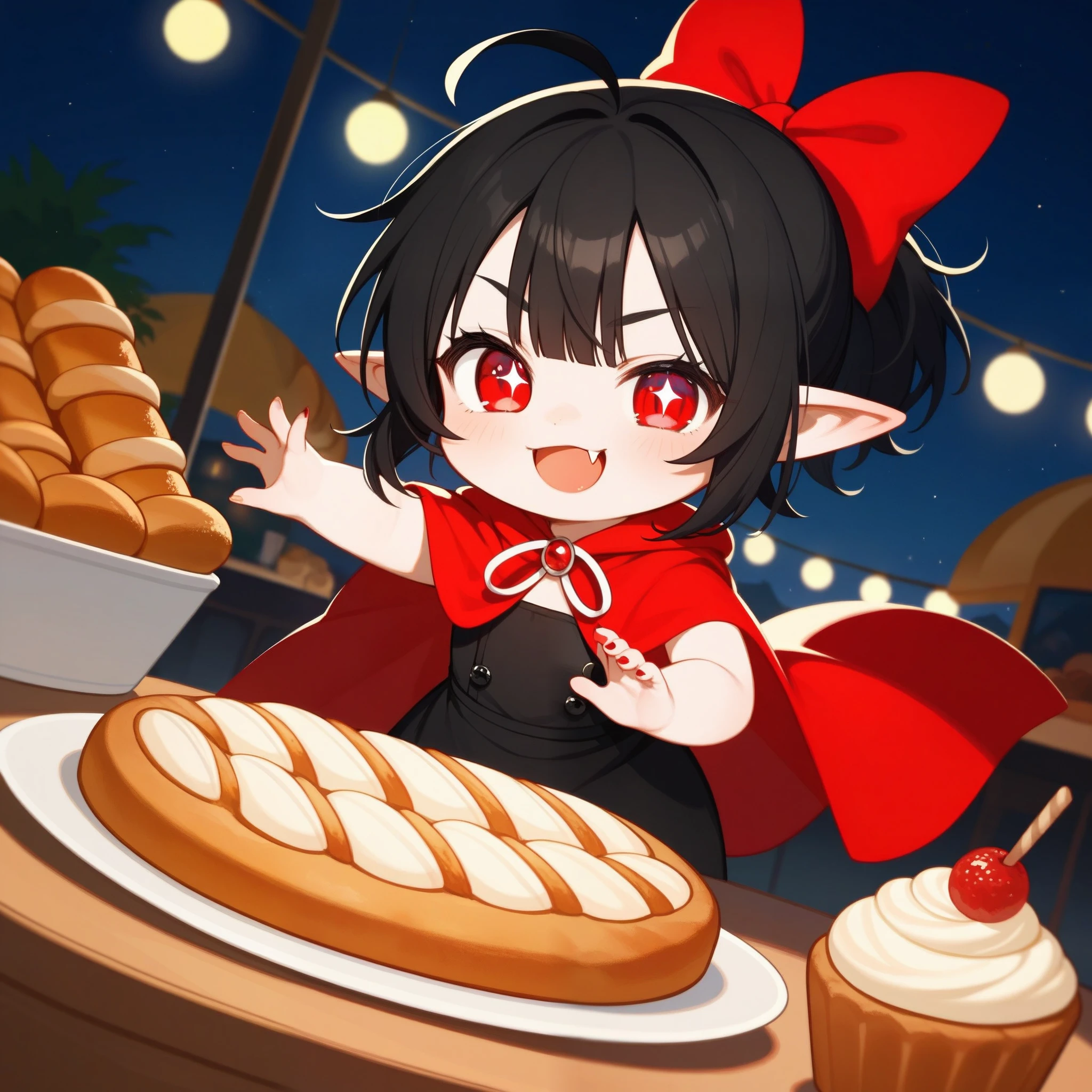 (masterpiece, best quality:1.2), super detailed, 2D artwork, chibi, kawaii, cute, 1girl, (vampire fang:1.2), smirk, black hair, short ponytail with red ribbons, red eyes, beautiful eyes, (snake pupils), pointy ears, black sundress with red cloak, high leather boots, standing pose, (hugging a long baguette:1.2), bakery background, indoor, at night, HD, 4K, negativeXL_D