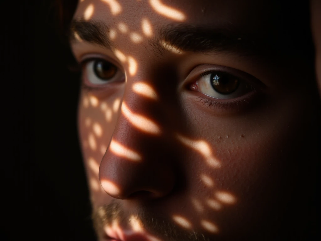 A photo of a (face bathed in patterned light:1.3), (speckled shadows:1.2), (captivating gaze:1.1), (contrast of light and texture:1.2), artistic interplay, (sharp luminous streaks:1.1), (detailed iris:1.1), Sony α7R IV, 1/320s, f/2.8, ISO 400, (enigmatic expression:1.2), (highlighted facial contours:1.1), (intimate portraiture:1.2), RAW file format, (visual rhythm:1.1), (intrinsic contrast:1.2).