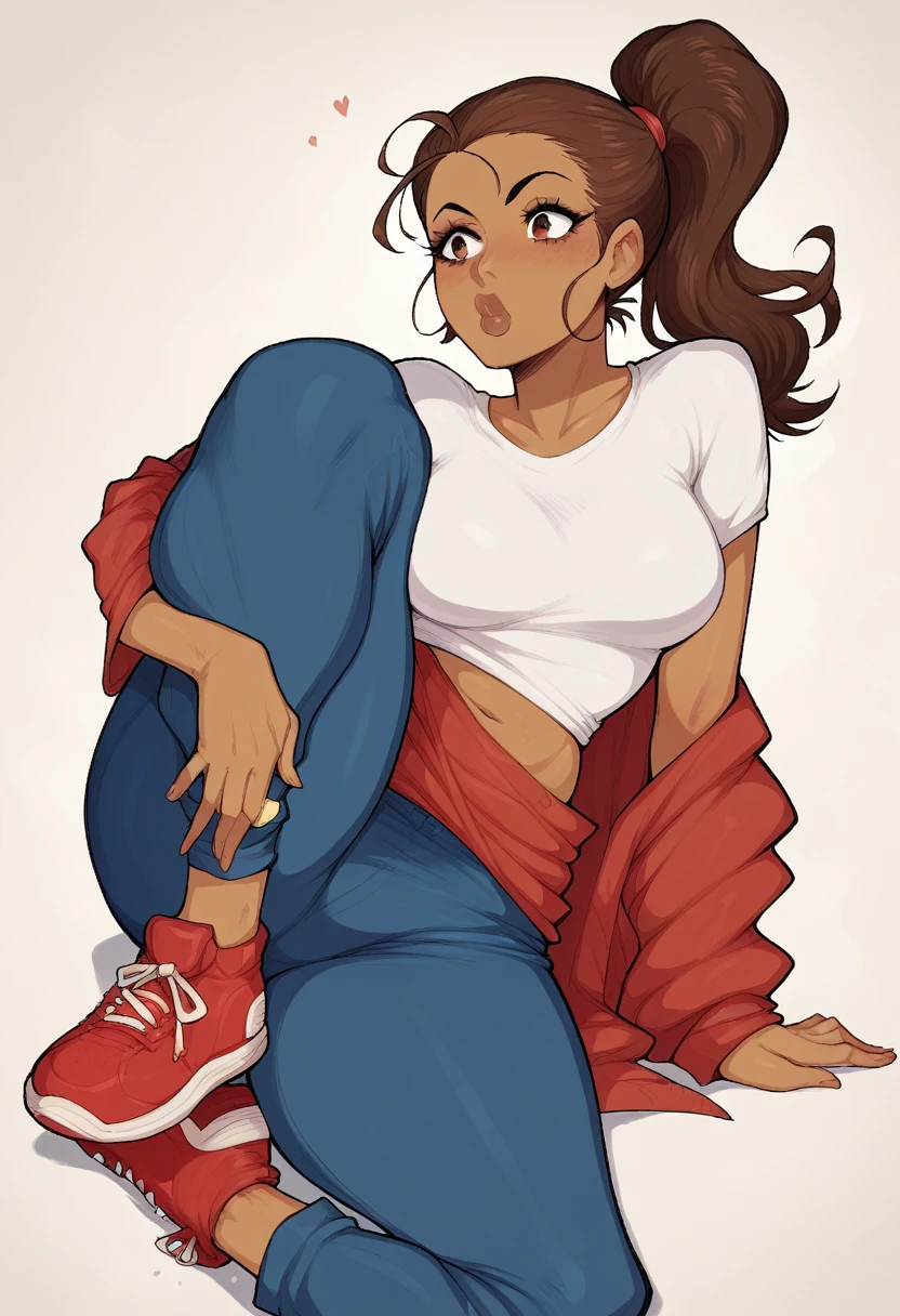 1 woman, dark skin, ebony, ponytail, Brown hair, lips, White top, Blue pants, red shoes