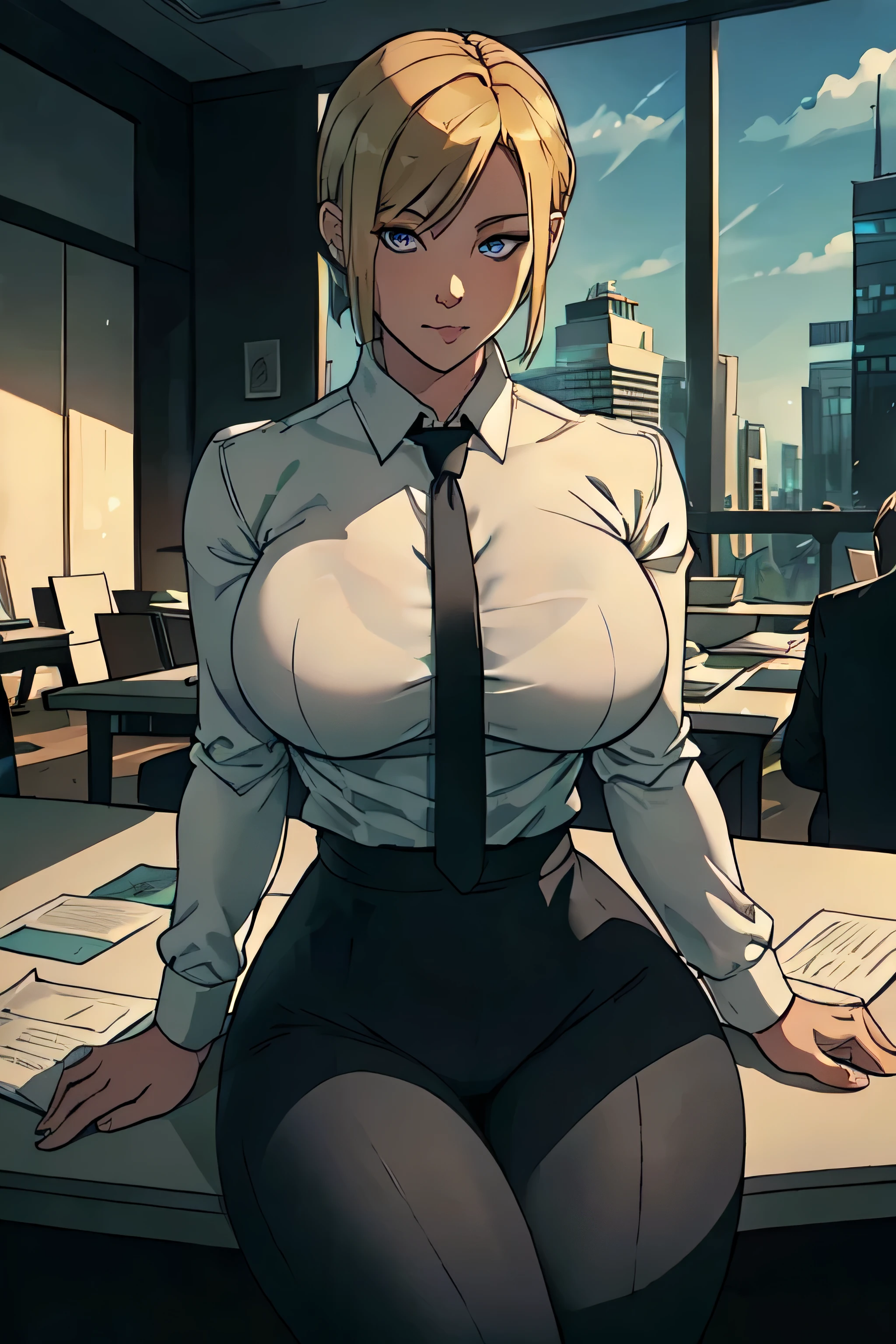 Girl with short blonde hair, blue eyes, wearing A white dress shirt, breasts, with a black tie, defined body, wearing black dress pants, defined waist, hips, collared shirt Sitting at a table with a computer and documents, a glass window in the background showing a city with several buildings 