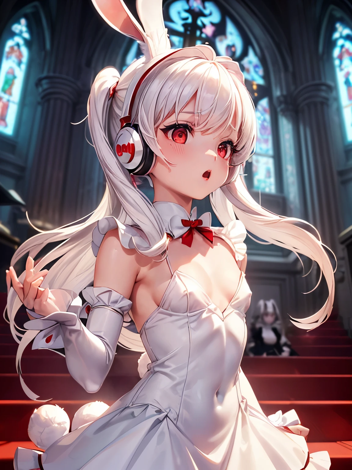  girl, About, Moody,  beautiful shaped nipples ,((Small Bust, rabbit cosplay,  white dress , Goth Dress), ( white rabbit,Detailed ears:1.2,Tail,Low Nose,Red eyes,Flare around the chest),Headphones, Twin Tails, detailed)), (masterpiece),(figure),(Best Quality:1.3), accurate anatomy ,  blurry background, ((Chapel, Singing Girl, White costume))