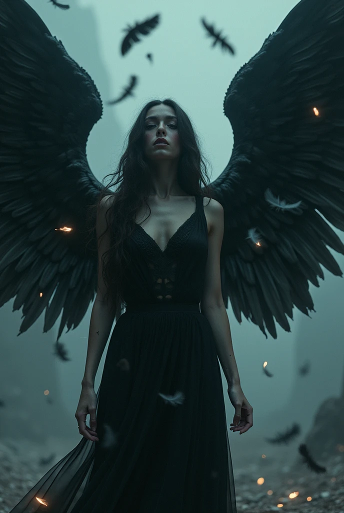 a beautiful woman with dark angel wings, glowing translucent wings, feathers falling off, feathers floating and scattering on the ground, perfect figure, dark and moody, cinematic lighting, dramatic fantasy, photorealistic, 8k, best quality, masterpiece, dark fantasy, dark angel, dramatic lighting, cinematic, photorealistic, highly detailed, intricate, atmospheric, muted colors, dramatic, supernatural, ethereal, mystical