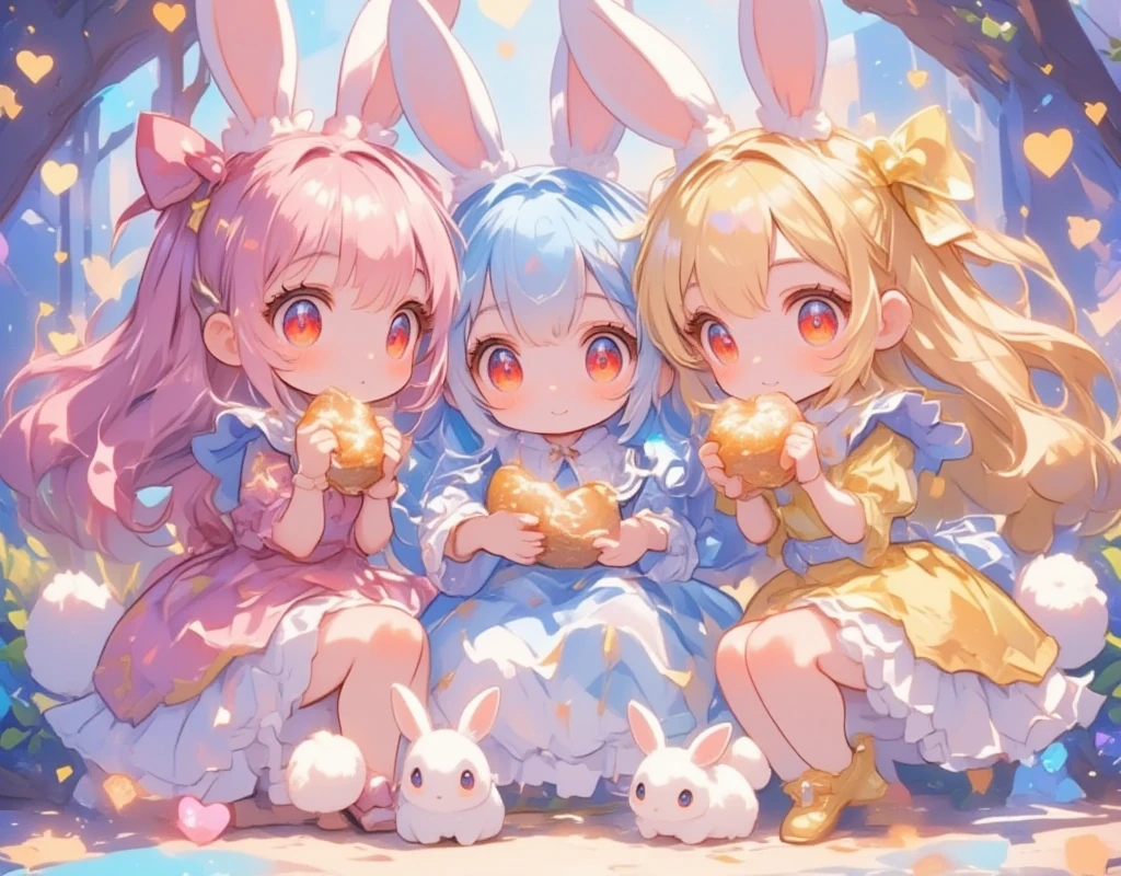 Three Girls\(Chibi,cute,cute,  smaller , Pink Hair,  blue hair  , Blonde, ,  very long hair  ,bangs,\( fluffy white rabbit- \), bunny tail, red eyes, Big Eye,  beautiful sparkling eyes  ,White skin,Big hair ribbon,  pink ruffle dress  ,  Blue Frilled Dress  , yellow ruffle dress  , Chest,full body\),  background with lots of heart marks \(  cheeks sticking together \Smiling Face)