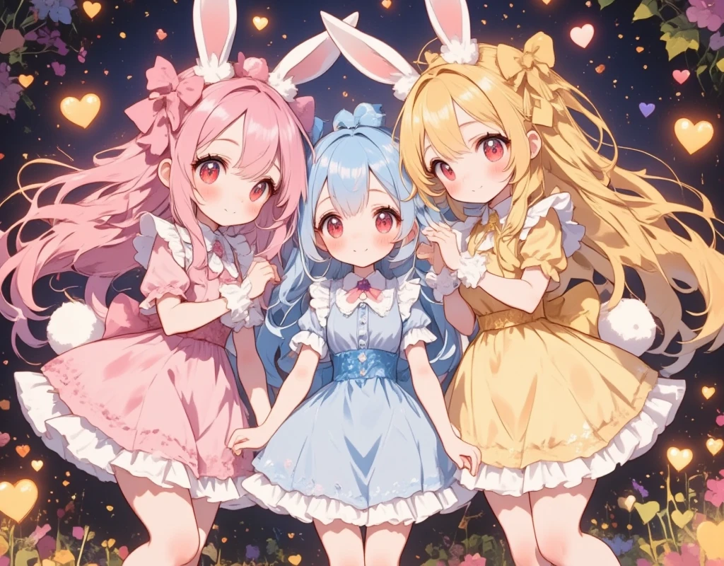 Three Girls\(Chibi,cute,cute,  smaller , Pink Hair,  blue hair  , Blonde, ,  very long hair  ,bangs,\( fluffy white rabbit- \), bunny tail, red eyes, Big Eye,  beautiful sparkling eyes  ,White skin,Big hair ribbon,  pink ruffle dress  ,  Blue Frilled Dress  , yellow ruffle dress  , Chest,full body\),  background with lots of heart marks \(  cheeks sticking together \Smiling Face)