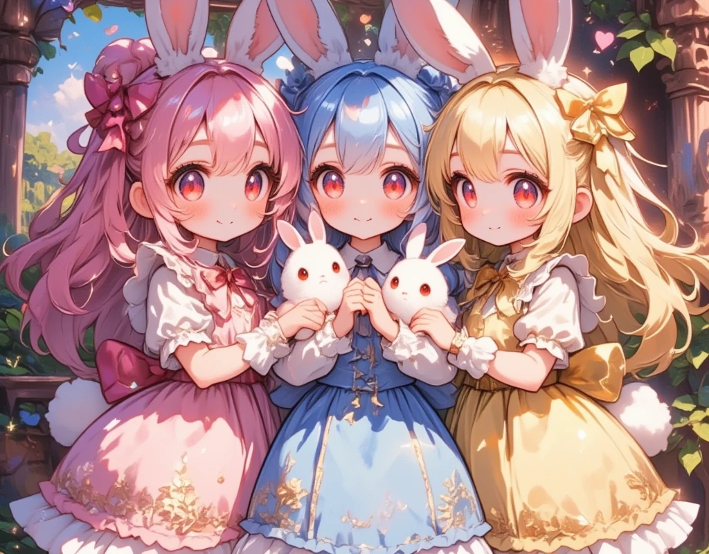 Three Girls\(Chibi,cute,cute,  smaller , Pink Hair,  blue hair  , Blonde, ,  very long hair  ,bangs,\( fluffy white rabbit- \), bunny tail, red eyes, Big Eye,  beautiful sparkling eyes  ,White skin,Big hair ribbon,  pink ruffle dress  ,  Blue Frilled Dress  , yellow ruffle dress  , Chest,full body\),  background with lots of heart marks \(  cheeks sticking together \Smiling Face)