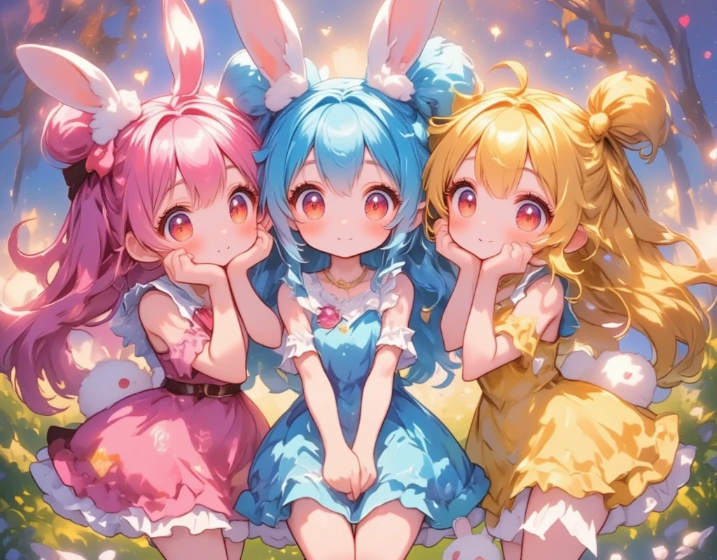 Three Girls\(Chibi,cute,cute,  smaller , Pink Hair,  blue hair  , Blonde, ,  very long hair  ,bangs,\( fluffy white rabbit- \), bunny tail, red eyes, Big Eye,  beautiful sparkling eyes  ,White skin,Big hair ribbon,  pink ruffle dress  ,  Blue Frilled Dress  , yellow ruffle dress  , Chest,full body\),  background with lots of heart marks \(  cheeks sticking together \Smiling Face)