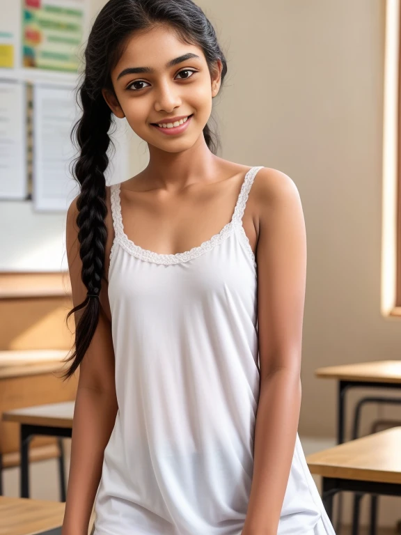 semi naked, Sri lankan teen  girl, wearing Cotton Long white Camisole, black double braid hair, in the classroom,  (slim, small, flat, small), photorealistic, detail, skin texture, super detail, delicate and sexy collarbone, smile