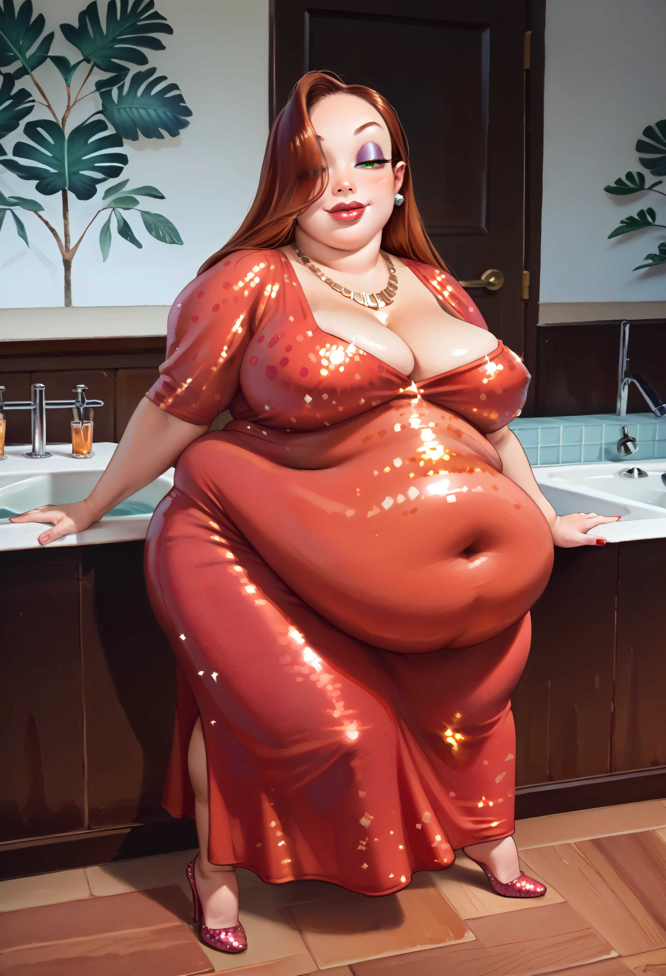 One obese girl, heavy dark makeup, tight cocktail dress, sequins on dress, necklace in cleavage, one bare leg, breast outline, stuffed belly, covered belly, licking her lips, (extremely large lips:1.2), one eye covered by hair, extravagant hair style, (seductive emotions:1.3), detailed light and shadow, volumetric lighting, oil painting, sharp line art, Jessica Rabbit (tall woman:1.4) (long sagging breasts:1.3)