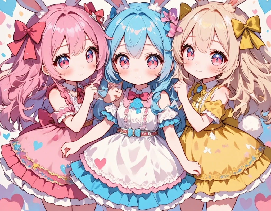 Three Girls\(Chibi,cute,cute,  smaller , Pink Hair,  blue hair  , Blonde, ,  very long hair  ,bangs,\( fluffy white rabbit- \), bunny tail, red eyes, Big Eye,  beautiful sparkling eyes  ,White skin,Big hair ribbon,  pink ruffle dress  ,  Blue Frilled Dress  , yellow ruffle dress  , Chest,full body\),  background with lots of heart marks \(  cheeks sticking together :1.5\Niconico:1.8)