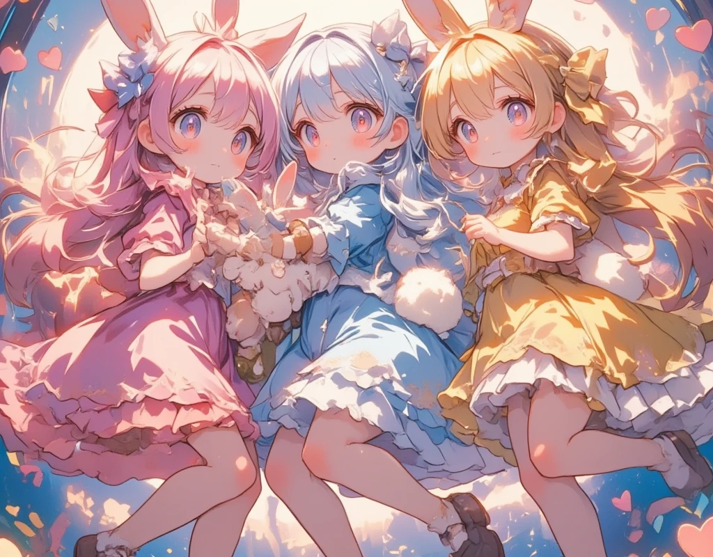 Three Girls\(Chibi,cute,cute,  smaller , Pink Hair,  blue hair  , Blonde, ,  very long hair  ,bangs,\( fluffy white rabbit- \), bunny tail, red eyes, Big Eye,  beautiful sparkling eyes  ,White skin,Big hair ribbon,  pink ruffle dress  ,  Blue Frilled Dress  , yellow ruffle dress  , Chest,full body\),  background with lots of heart marks \(  cheeks sticking together :1.5\Niconico:1.8)