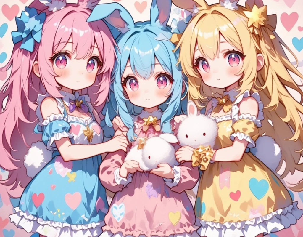 Three Girls\(Chibi,cute,cute,  smaller , Pink Hair,  blue hair  , Blonde, ,  very long hair  ,bangs,\( fluffy white rabbit- \), bunny tail, red eyes, Big Eye,  beautiful sparkling eyes  ,White skin,Big hair ribbon,  pink ruffle dress  ,  Blue Frilled Dress  , yellow ruffle dress  , Chest,full body\),  background with lots of heart marks \(  cheeks sticking together :1.5\Niconico:1.8)