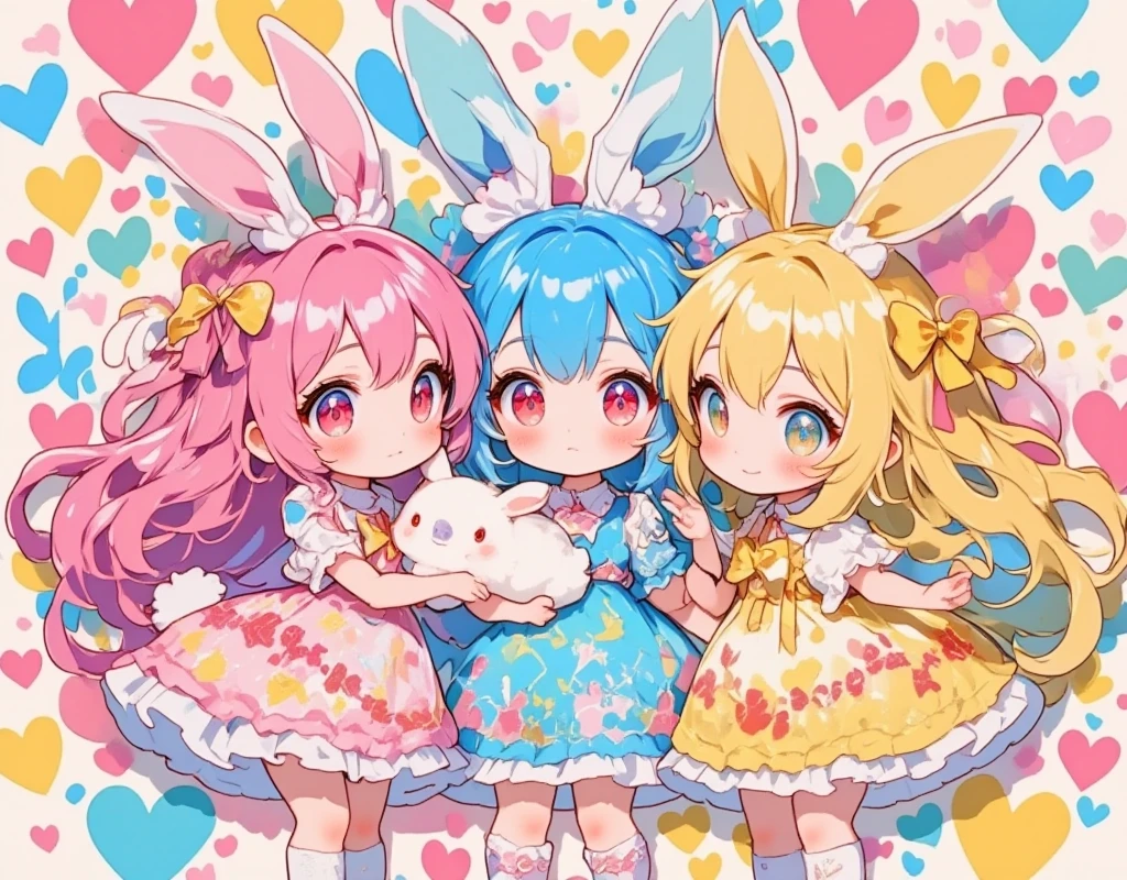 Three Girls\(Chibi,cute,cute,  smaller , Pink Hair,  blue hair  , Blonde, ,  very long hair  ,bangs,\( fluffy white rabbit- \), bunny tail, red eyes, Big Eye,  beautiful sparkling eyes  ,White skin,Big hair ribbon,  pink ruffle dress  ,  Blue Frilled Dress  , yellow ruffle dress  , Chest,full body\),  background with lots of heart marks \(  cheeks sticking together :1.5\Niconico:1.8)