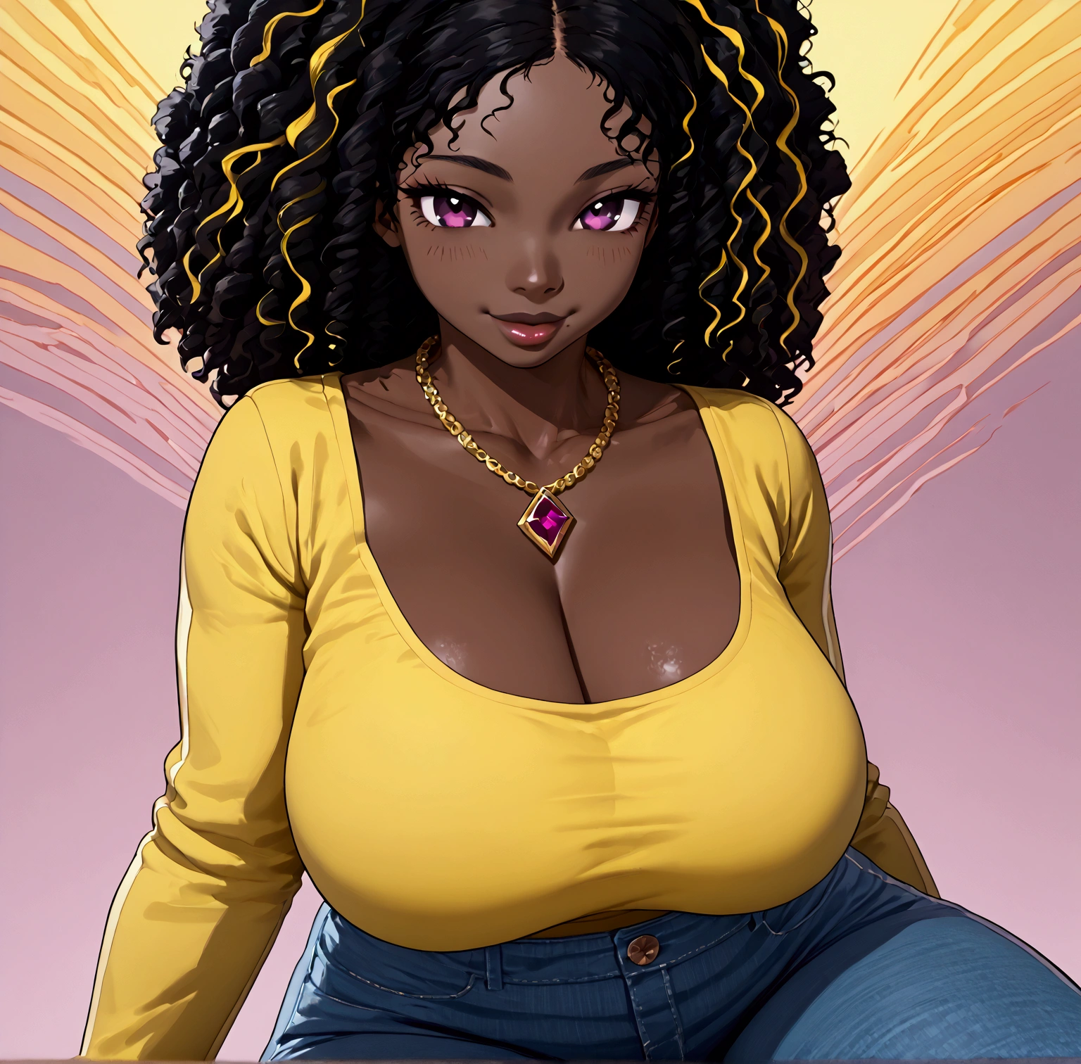 (8k, 4k, intricate),(halfbody-shot:1), (Ultra high detailed:1.2),(detailed background:1.2),((dark skin, beatiful face,detailed lips, smiling)), ((big breasts,curvy hips, thick female, thick thighs,)((dark magenta eyes, short frizzy hairstyle, black hair with golden yellow highlights))) a close up of a woman with a yellow blouse and blue exotic jeans, epic 3 d oshun, black young woman, golden chain necklace with diamond pendant ( ( dark skin ) ),yellow shirt with long sleeves, short brown knuckle-less gloves,  young black woman, black girl, dark skinned, black woman, realistic shaded perfect body, black teenage girl, beautiful city black woman only, dark skin female goddess of love, yellow aura, african domme mistress, imvu, ( ( dark skin ) ), second life avatar, semi-realistic shaded perfect body,