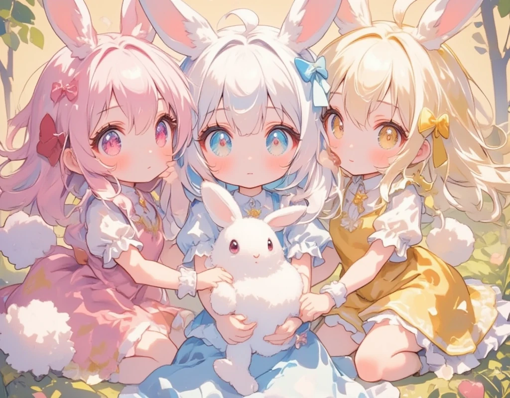 Three Girls\(Chibi,cute,cute,  smaller , Pink Hair,  blue hair  , Blonde, ,  very long hair  ,bangs,\( fluffy white rabbit- \), bunny tail, red eyes, Big Eye,  beautiful sparkling eyes  ,White skin,Big hair ribbon,  pink ruffle dress  ,  Blue Frilled Dress  , yellow ruffle dress  , Chest,full body\),  background with lots of heart marks \( cheeks sticking together :1.5\Soft cheeks\Fluffy cheeks \Niconico:1.8\ open your mouth and smile:1.3)