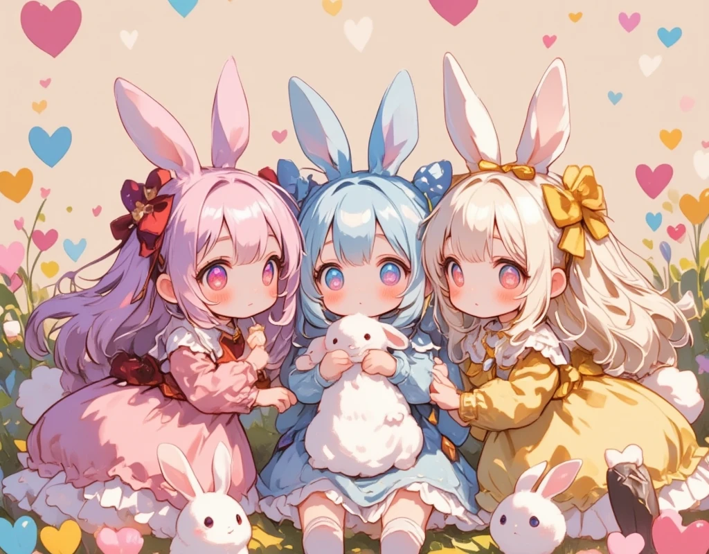 Three Girls\(Chibi,cute,cute,  smaller , Pink Hair,  blue hair  , Blonde, ,  very long hair  ,bangs,\( fluffy white rabbit- \), bunny tail, red eyes, Big Eye,  beautiful sparkling eyes  ,White skin,Big hair ribbon,  pink ruffle dress  ,  Blue Frilled Dress  , yellow ruffle dress  , Chest,full body\),  background with lots of heart marks \( cheeks sticking together :1.5\Soft cheeks\Fluffy cheeks \Niconico:1.8\ open your mouth and smile:1.3)