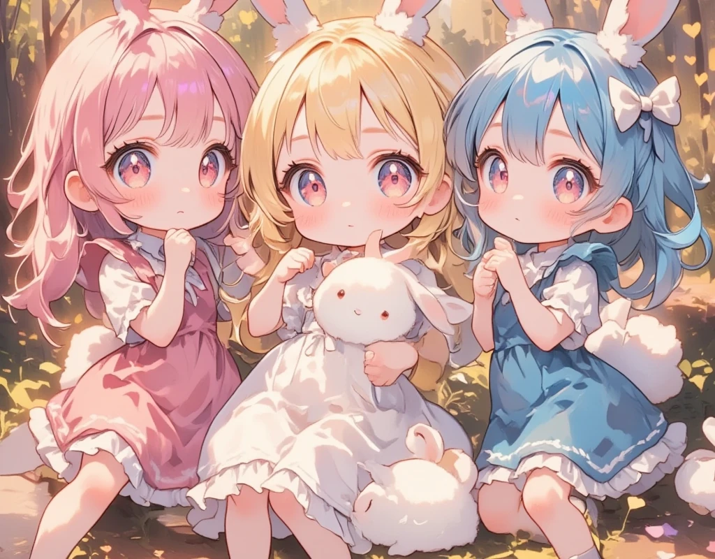 Three Girls\(Chibi,cute,cute,  smaller , Pink Hair,  blue hair  , Blonde, ,  very long hair  ,bangs,\( fluffy white rabbit- \), bunny tail, red eyes, Big Eye,  beautiful sparkling eyes  ,White skin,Big hair ribbon,  pink ruffle dress  ,  Blue Frilled Dress  , yellow ruffle dress  , Chest,full body\),  background with lots of heart marks \( cheeks sticking together :1.5\Soft cheeks\Fluffy cheeks \Niconico:1.8\ open your mouth and smile:1.3)