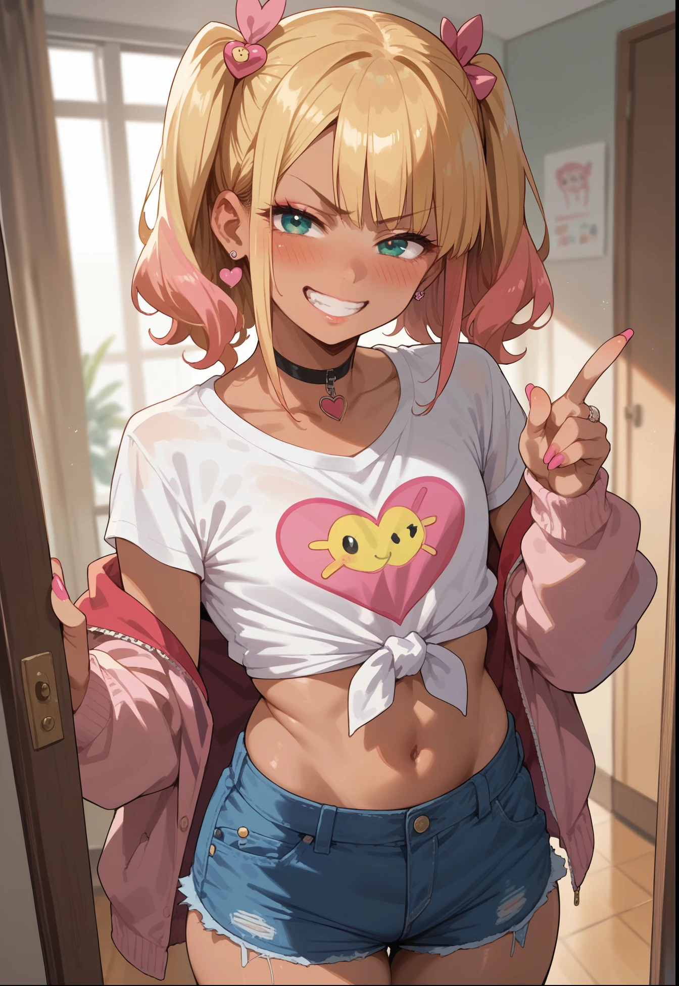 ((sexy girl ,gyaru))nsfw,glamorous, ,off shoulder top, shorts,study work