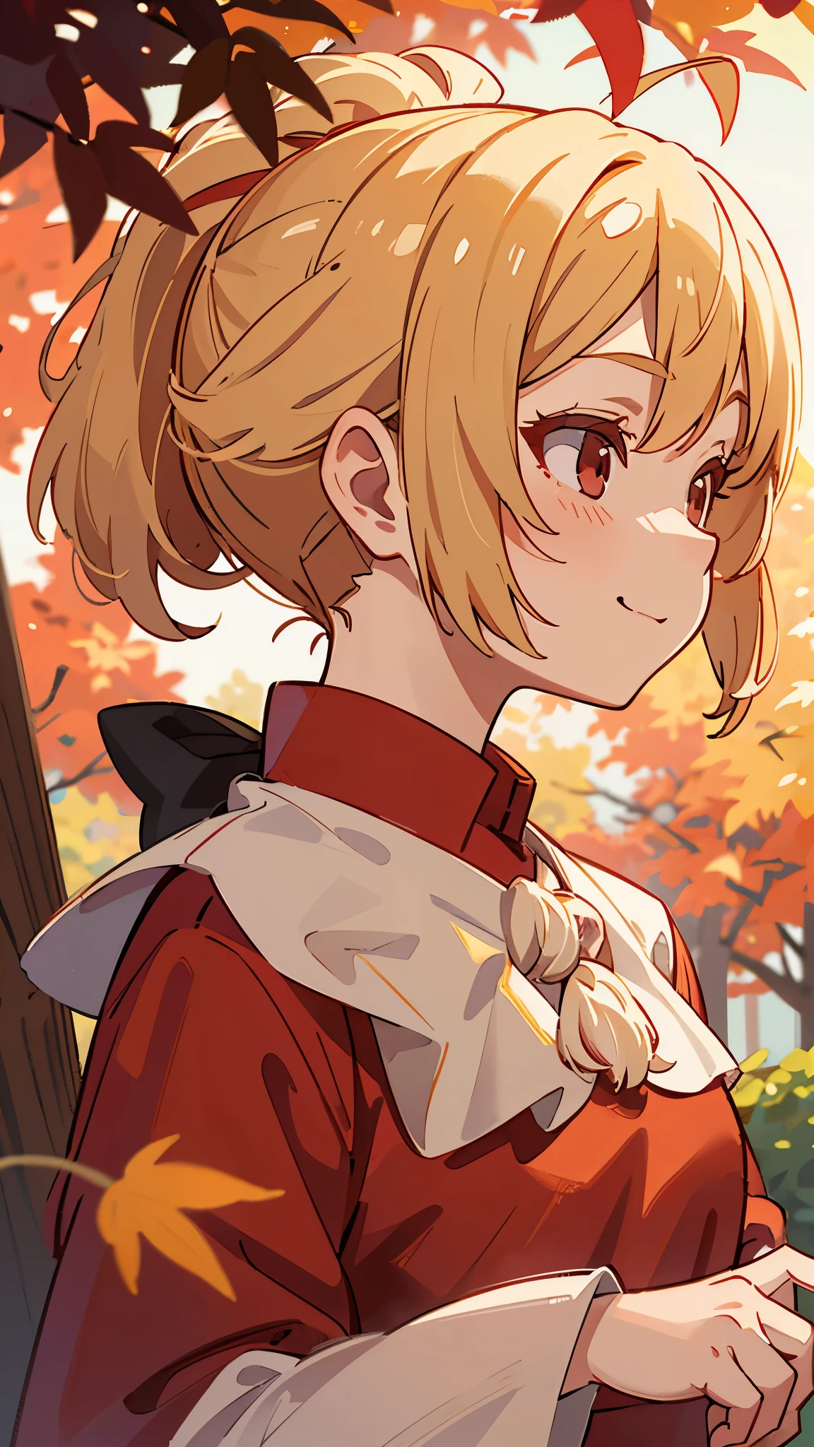 １People Girl、Blonde、 ponytail、Round red eyes、Ahoge、red blouse shirt 、smile、profile、 face、 full light、autumn leaves々、Momiji Park、 background blur、Depth of the Boundary