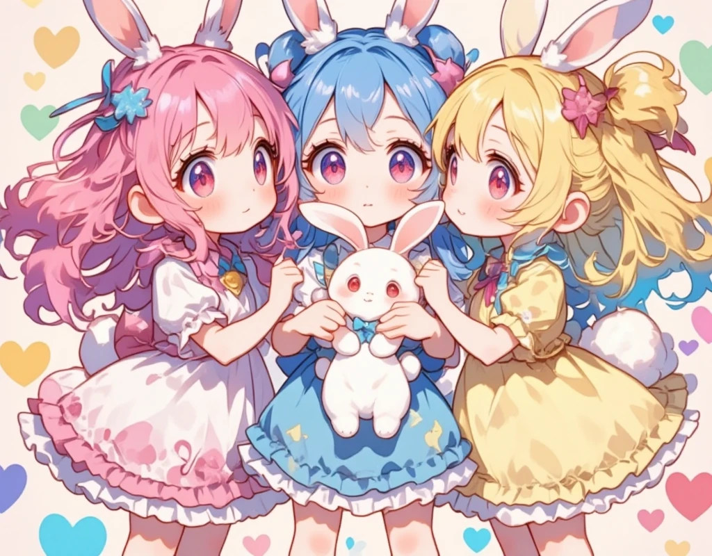 Three Girls\(Chibi,cute,cute,  smaller , Pink Hair,  blue hair  , Blonde, ,  very long hair  ,bangs,\( fluffy white rabbit- \), bunny tail, red eyes, Big Eye,  beautiful sparkling eyes  ,White skin,Big hair ribbon,  pink ruffle dress  ,  Blue Frilled Dress  , yellow ruffle dress  , Chest,full body\),  background with lots of heart marks \( cheeks sticking together :1.5\Soft cheeks\Fluffy cheeks \Niconico:1.8\smoooooooch !:1.5\ kiss cheek from left and right )