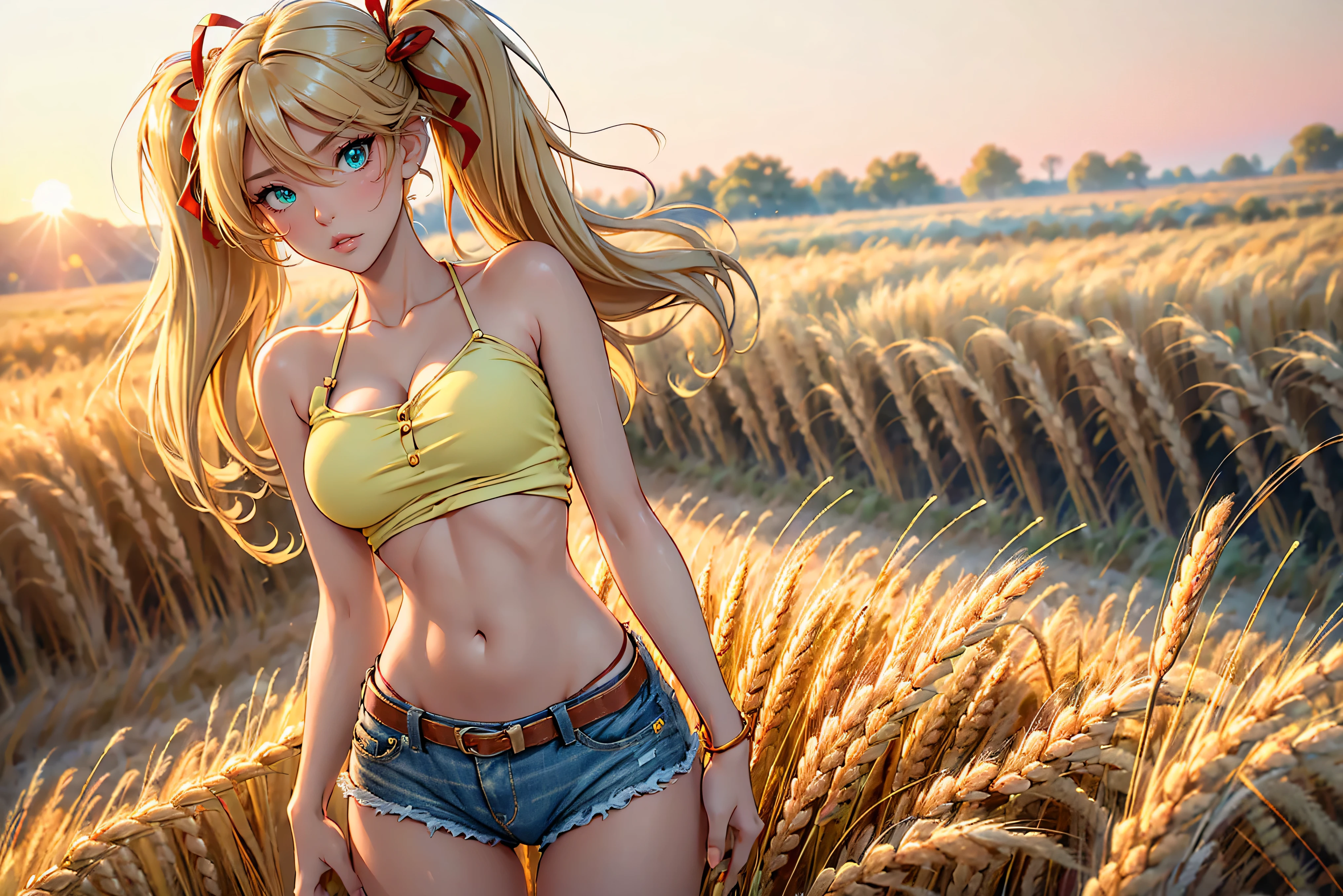 1girl, solo, (masterpiece, best quality, High Detail, 8K), blonde, long wavy hair, twintails with red ribbons in hair, dark tanned skin, extremely sexy, bikini tan, ((large breasts, busty)), cleavage, Head to hips shot, Full body shot, cowboy shot, skinny, large green eyes, ((thin waist, small hips, long torso)), ((Dean Yeagle Style - Mandy)), wearing cutoff bluejean short-shorts and tied off button shirt, ((bright yellow shirt busting open)), shirt tied just under breasts, country girl, ((standing in a wheat field)), farm background, wheat field,