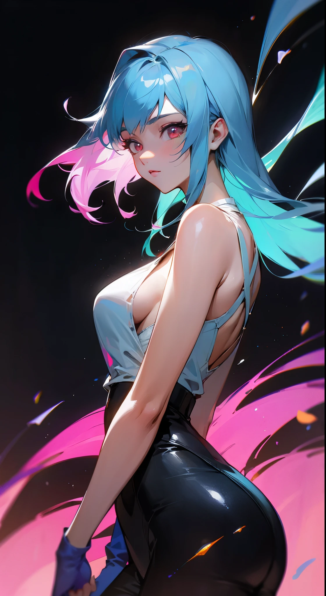 (masterpiece:1.2), Best quality, (Implications:1.2),(Crafted glow, lens flare), (Super detailed), Super detailed, (Fine details), (Intricate details), (Movie Light, Best quality backlight), clear lines, Single woman, Single woman, Perfect body, (1 girl), (bioluminescent hair:1.2), (Glowing eyes), (That's it:1.2), ((make up)), High contrast, (Best lighting,Extremely exquisite and beautiful), ((Movie Light光)), Colorful, robust, (Movie Masterpiece), Matchstick Men, Colorful,Absolutely eye-catching,((Colorful paint splashed on background,more,)),((Caustic lines)),That's itmic angle,Beautiful detail smoke,(Big breasts enchanting),(Detailed movie background:1.1),Ambient Occlusion,Ambient Light,Ray Traced Reflections,Precious Stone,shiny,A halo of light,glowing hair,Little mouth,Smile