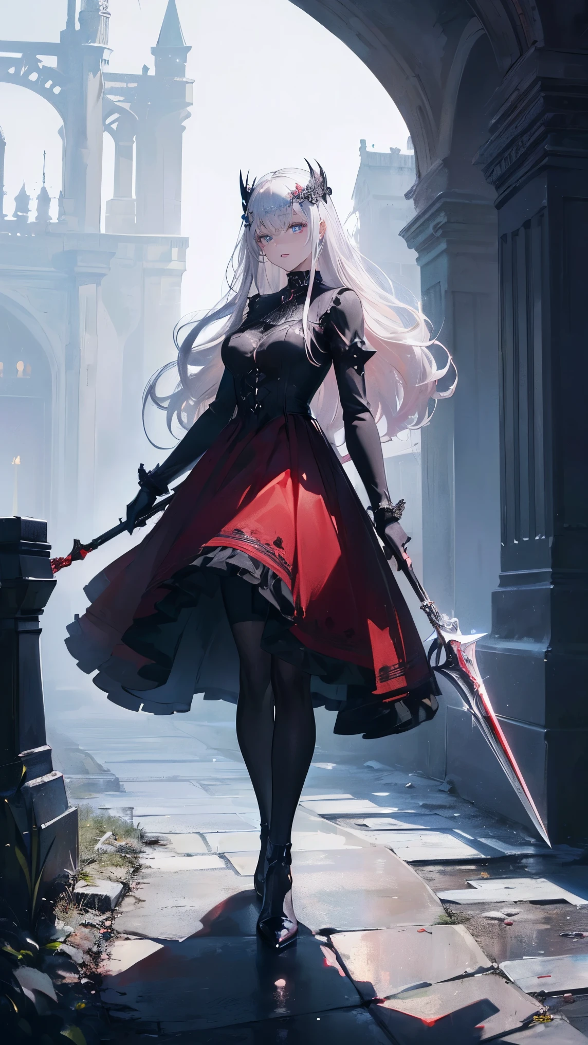 Modin Disney , Arafed, action shot, Dark Fantasy Art , Fantasy Art , Gothic art, Picture of a Female Vampire , Exquisite beauty , Full Body Shot , dark glamour shot, pale white skin , Blonde, Long Hair, Wavy Hair, ( Sparkling Grey : 1.3) eye, she (red: 1.3) red thigh suit, ArmoredDress, she holds a sword in her hand , ( Ready for Battle : 1.4) , Roses are printed on the suit (black: 1.4) black roses, High Heels , dark castle, dark, black and color, Dark Art Painting Style , flower dress, (( 1 Girl, alone, alone, Crimson , Gray Hair, red eye, hair ornament, Small breasts, Long Hair, fitness )), ((alone, (1 Female, Pink lipstick), very detailed , Ambient Soft Lighting , 4K, Perfect Eyes, perfect face, Perfect lighting , a 1 Girl)), ((black dress, Long Dress , wielding a red scythe, Abandoned castle, Haunted Castle, Fog, mist, Knight , Smell of the Moon , Dead Tree)),((masterpiece:1.2)), ((The best )), very detailed illustration style, detailed skin texture , The texture of the fabric is delicate , Extremely Detailed Description , (T Masterpiece), Super beautiful illustrations, The face is very well drawn , RAW Photos, professional, Fine painting, complicated details , super detail , intricate decorative details , perfect anatomy, real, ( super beautiful and cool blue eyed silver fox girl dressed as a fashion model), Beautiful normal breasts , (Beautiful and shiny silver hair), ( beautiful clear blue eyes ), (Exquisite, Beautiful and clear eyes:1.6), ((Rich in details、Exquisite autumn and winter fashion brand clothing)), smile, ((Model is walking)), ((Staring at me)), ((During the day)), ( A collection that details and beautifully summarizes special places in Paris ), (8KBest Quality Wallpaper), ( Very meticulous 、Beautiful background) 、 appears in the center of the lunar wilderness , as a miner on the Moon , emits fantastic light in a desolate environment . This enchanting person , wears a shining silver and gold costume , radiates wis