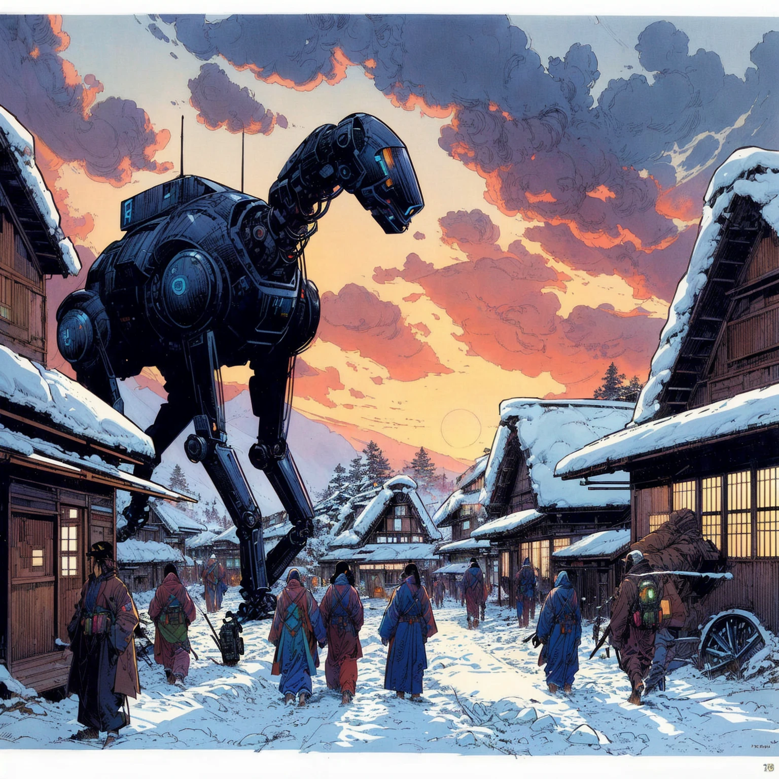 anime style picture of a giant robot walking through a village, Style of Moebius, Métal Hurlant, Style of Philippe Druillet, by Tim Doyle, geof darrow art, inspired by Tim Doyle, inspired by Josan Gonzalez, yoji shinkawa and geof darrow, by Yoshiyuki Tomino, geoff darrow, by Josan Gonzalez, by Otomo Katsuhiro, style of geof darrow