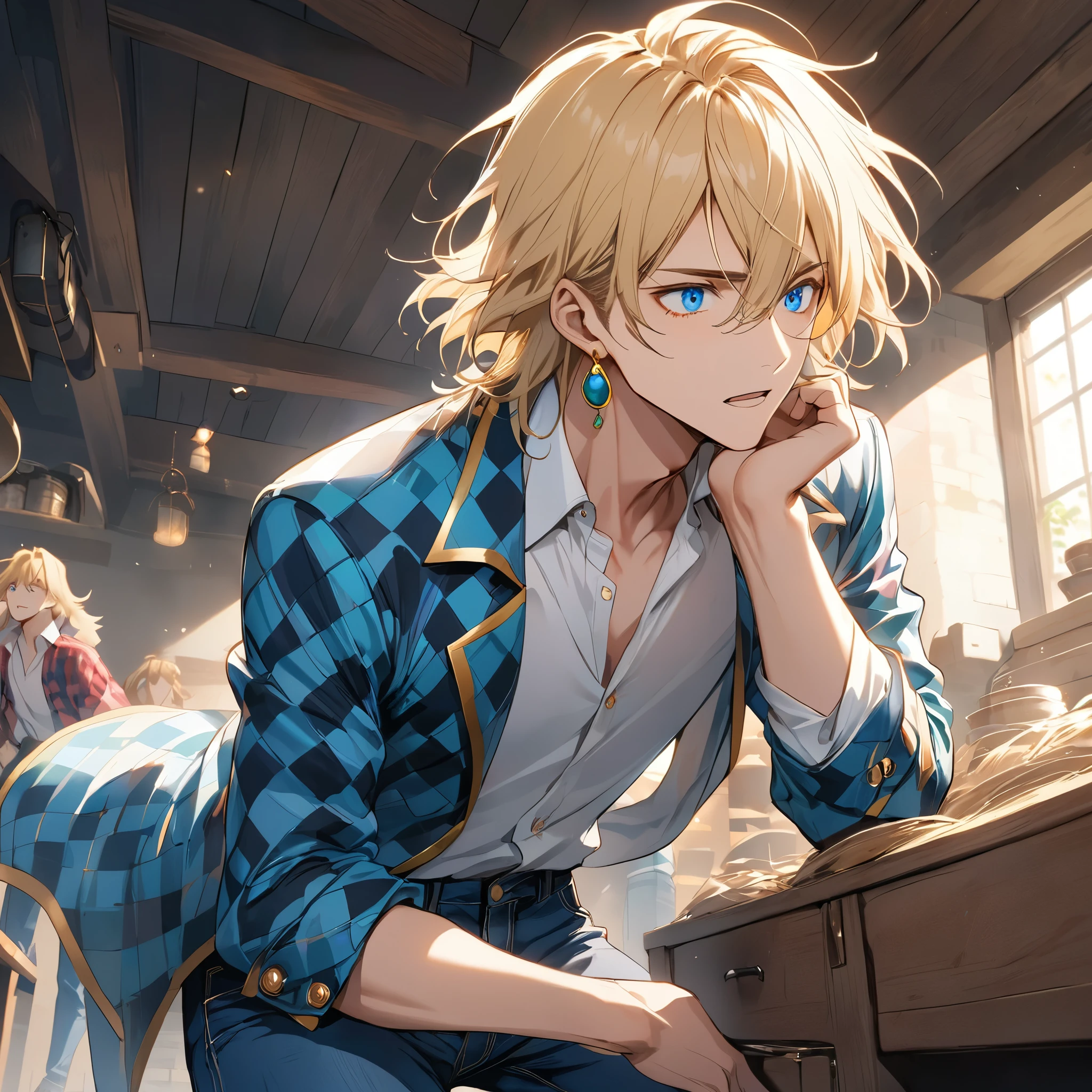 howl_from_howls_moving_castle, 1male, blonde hair, green earrings, red and blue checkered coat with golden rims, white shirt, blue jeans, blue eyes, handsome, manwha, slender