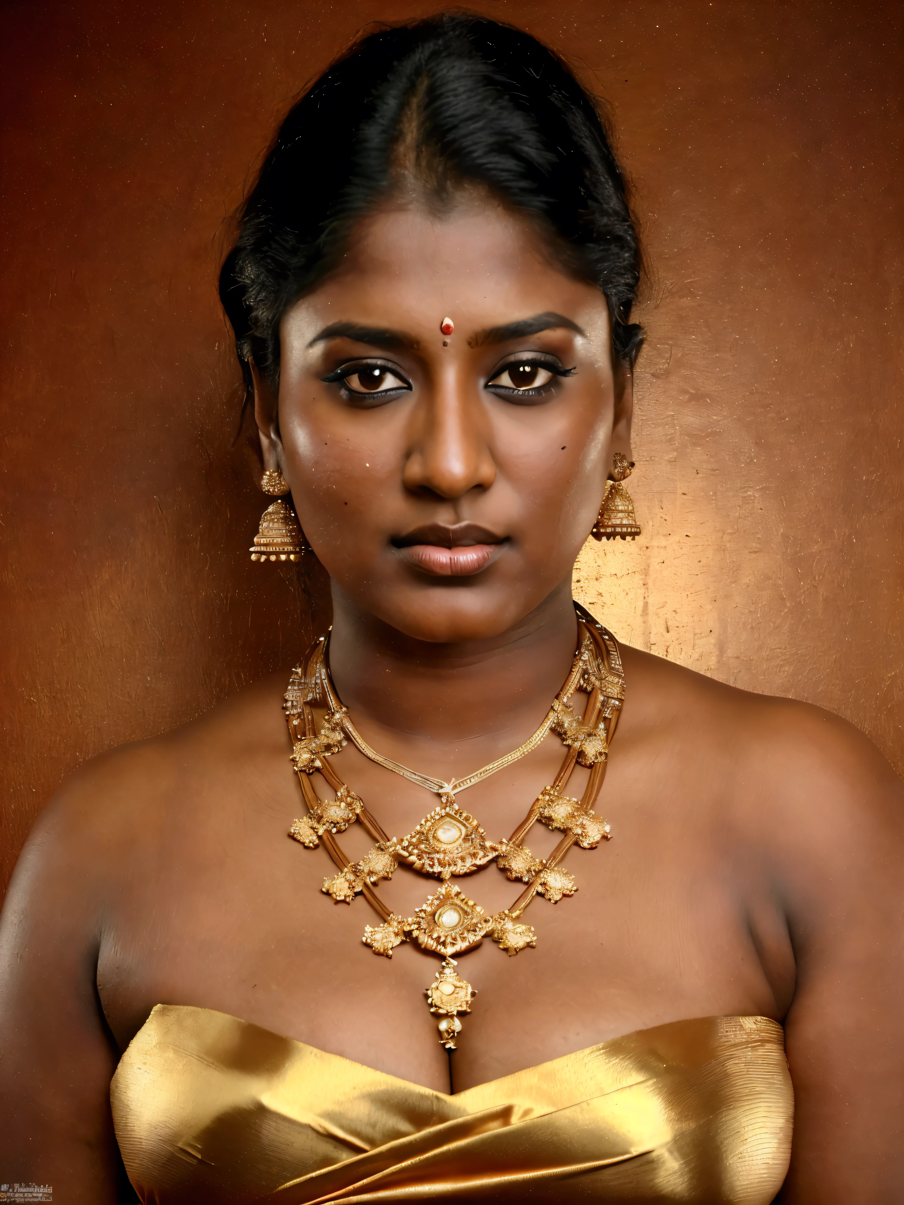 Looks like Nayanthara, thick figure, attractive body, araffe woman in a gold sari posing for a picture, chocolate skin, skin pores, sweat, incredible skin texture, wearing gold jewellery, photo of a hand jewellery model, sexy girl with dark complexion, indian girl with brown skin, traditional beauty, wearing elegant jewellery, traditional makeup, with small studded earings, indian goddess, indian, intricate thin details in gold, gold jewellery, modeling shoot, 7 0 mm portrait