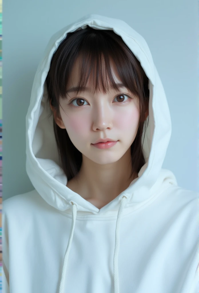 Super detailed depiction of a young asian woman, ethereal character with pale, that softly frames her delicate face, giving her an angelic appearance. Her expressive eyes are filled with innocence and wonder, adding a sense of purity and gentleness to her look. She is dressed in an oversized, white hoodie that enhances the softness of her aesthetic, with the hood framing her face and complementing the light tones of her hair and skin. Created by Sasan. Her expression is calm and slightly melancholic, evoking a quiet, introspective mood, as if she is lost in thought. The background is minimal and softly lit, with cool tones that add to the serene and tranquil atmosphere, allowing her delicate features and gentle gaze to stand out. 