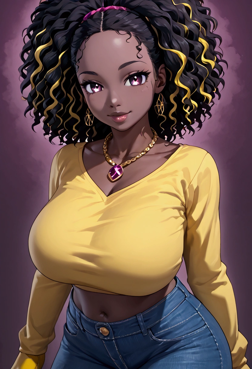 (8k, 4k, intricate),(halfbody-shot:1), (Ultra high detailed:1.2),(detailed background:1.2),((dark skin, beatiful face,detailed lips, smiling)), ((big breasts,curvy hips, thick female, thick thighs,)((dark magenta eyes, short frizzy hairstyle, black hair with golden yellow highlights))) a close up of a woman with a yellow blouse and blue exotic jeans, epic 3 d oshun, black young woman, golden chain necklace with diamond pendant ( ( dark skin ) ),yellow shirt with long sleeves, short brown knuckle-less gloves,  young black woman, black girl, dark skinned, black woman, realistic shaded perfect body, black teenage girl, beautiful city black woman only, dark skin female goddess of love, yellow aura, african domme mistress, imvu, ( ( dark skin ) ), second life avatar, semi-realistic shaded perfect body,