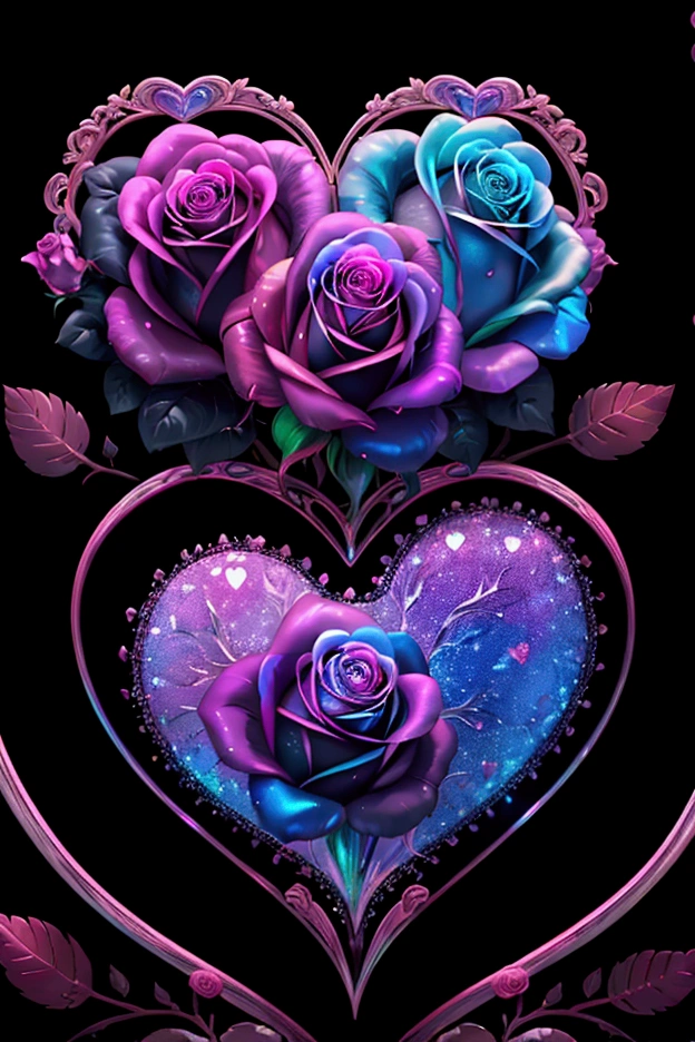 a beautiful iridescent heart with a rose inside of it. black background. vibrant 