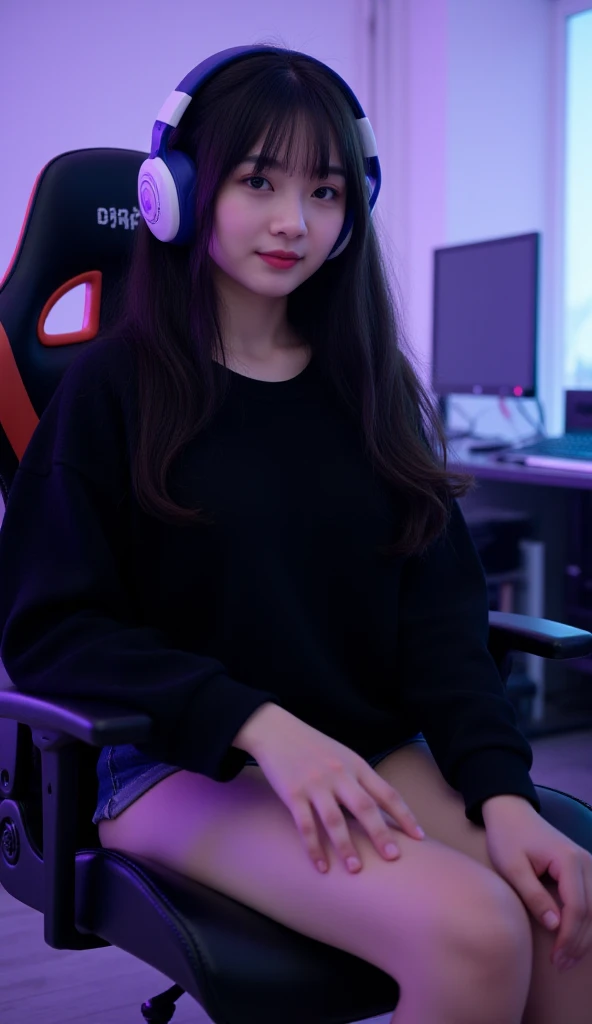 1 Thai girl, full body, slight smile, charming realistic eyes, 20 years old, Thai style bangs. Wear a black sweater and shorts. Sitting in a gamer chair, looking calm and a little cute.The background is a white tone game room. Whether it's a cool neon light or create an atmosphere that is compatible with the online world Everything is designed to stand out and be eye-catching.