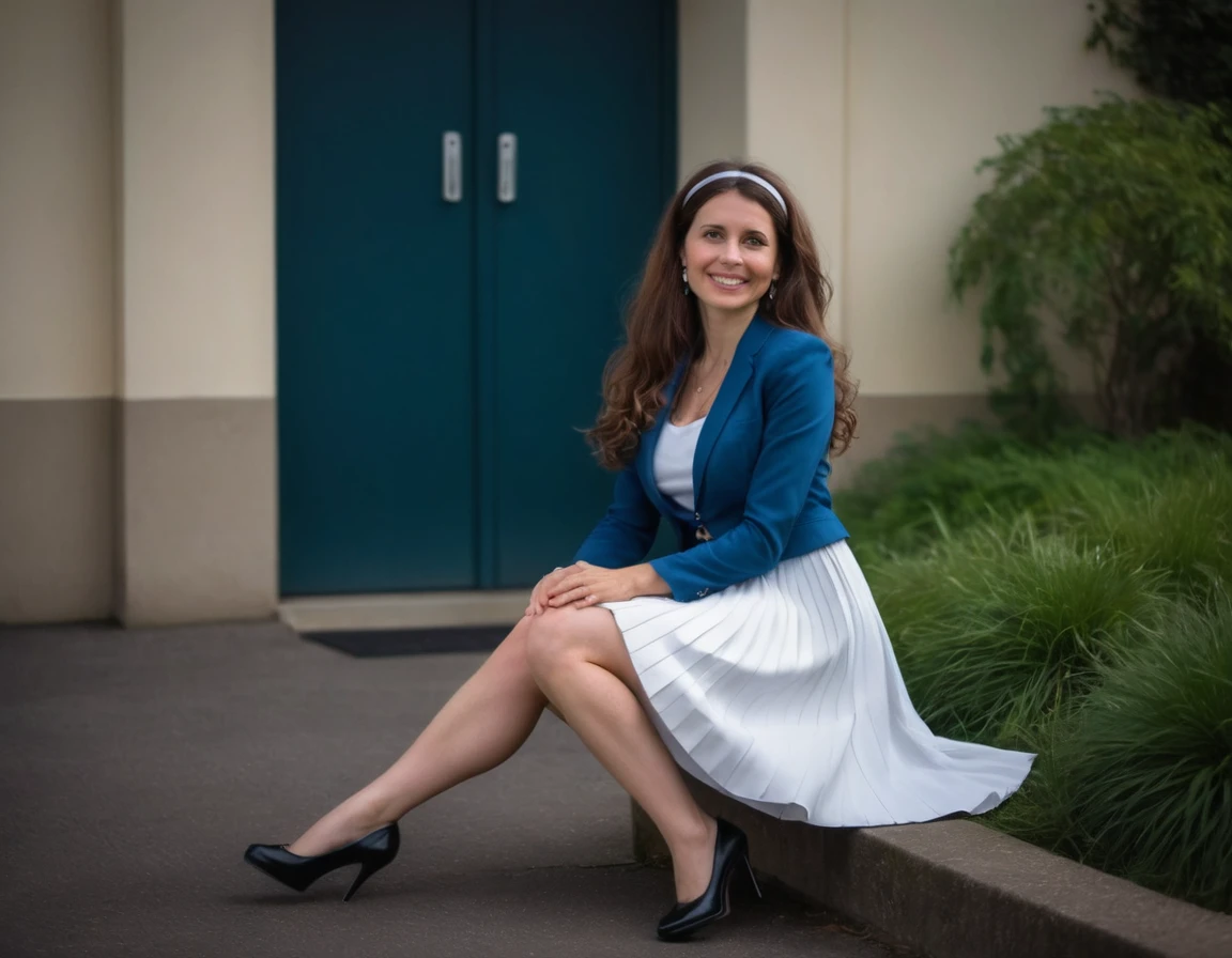 A 35mm photo of a mature, demure, shy, gentle, loving, comforting, smiling, Compassionate, kind, empathic, graceful, motherly, long haired, beautiful and attractive woman, sitting while lustfully gazing at you and seductively lifting her skirt, flirtatiously inviting you to come under her skirt, wearing her (long pleated full circle skirt), uniform jacket and (woman's low heel office shoes), girly headband, (pronounced (feminine) features), (very large breasts with hard nipples), (very windy), skirt is flowing wildly in the wind, (pronounced (girly) features), (windy), epic composition, highly detailed attributes, highly detailed atmosphere, sci-fi, space station, empathy, compassion, romance, fine details, ffacedetailxl