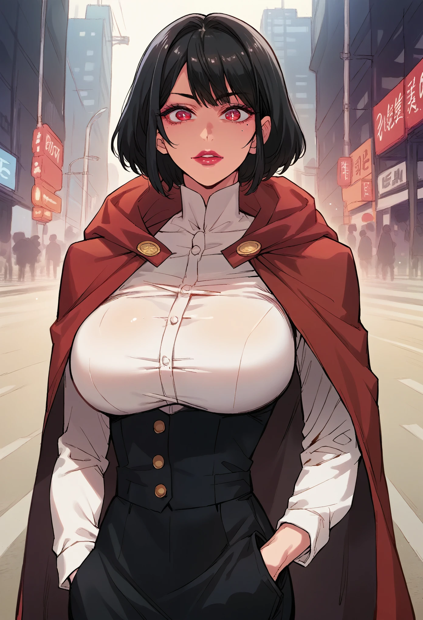 score_9, score_8_up, score_7_up, score_6_up, score_5_up, score_4_up, source_anime, close-up, SFW, 1girl, slim body, [big breast], red eyes, short black hair, pretty lipstick, mole under eye, wearing black tuxedo, red cloak, one hand in pocket, standing on rooftops, 80s night city background, soft lighting, detailed face