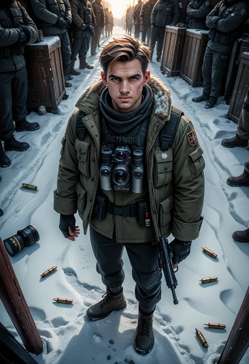 (((man))) ((( looking right at the camera ))) (( full length)) , moderately pumped up ,  above the upper lip on the right, a white scar with short brown hair up to the shoulders, straight and docile ,  with gray eyes dressed in Scandinavian-style ammunition, a black Scandinavian warrior suit with fur around his chest,  in Scandinavian countries snow-covered 