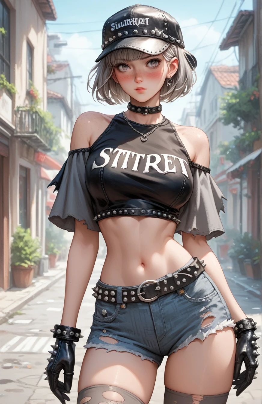 safe_pos, score_9, score_8_up, score_7_up, source_anime, 1girl, grey hair, freckles, blushing, sexy crop top, studded leather gloves, ripped denim shorts, intricate leather belt, (two-tones dark and grey stockings:1.2), bare shoulders, vintage cap, dirty street
