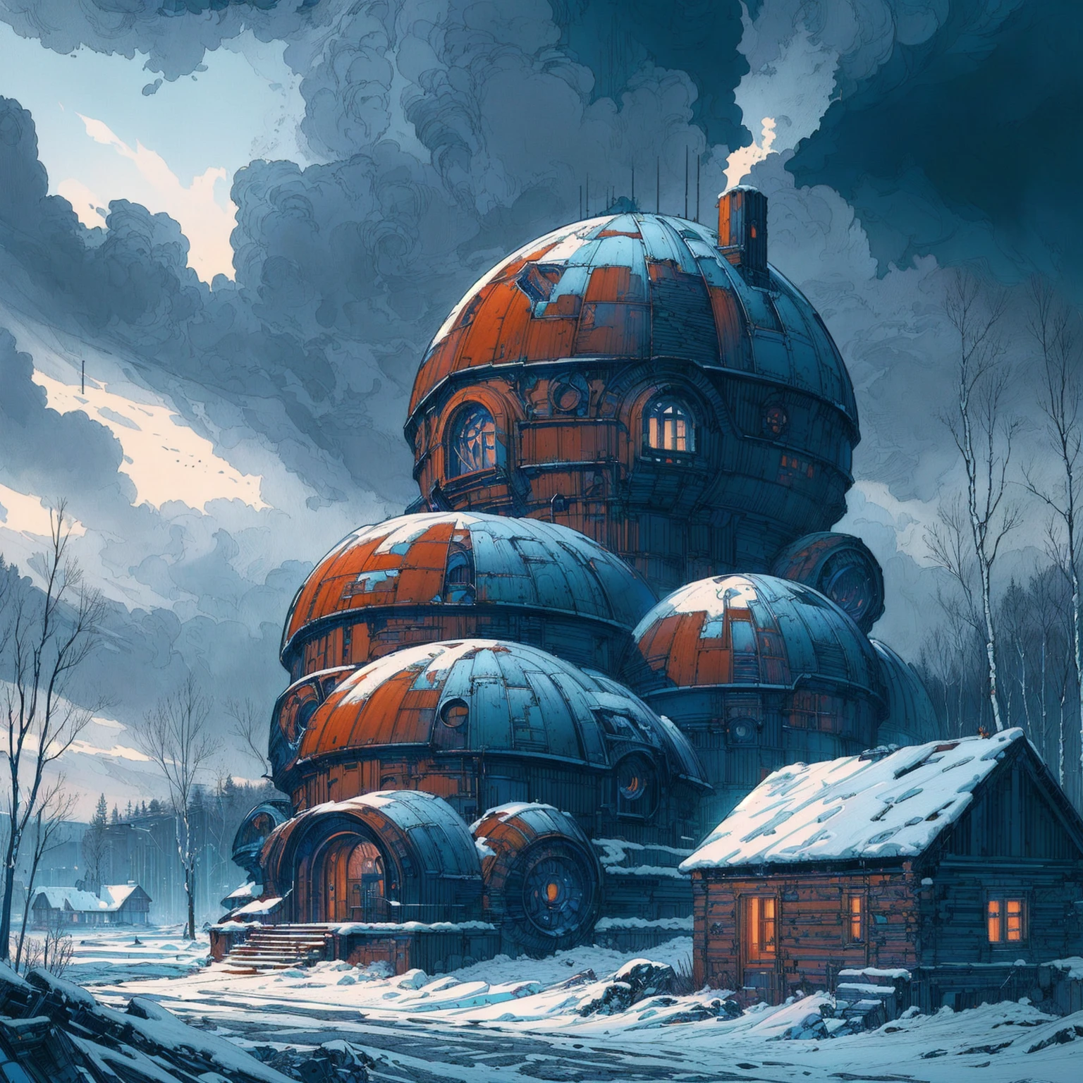 a painting of a building with a dome on top of it, Style of Moebius, Métal Hurlant, Style of Philippe Druillet, stefan koidl inspired, winter concept art, bussiere rutkowski andreas rocha, inspired by Alejandro Burdisio, alejandro burdisio art, by andrey ryabovichev, simon stålenhag color scheme, by Igor Kufayev, andreas rocha style