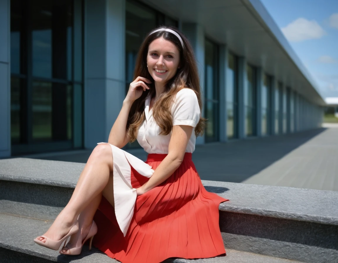 A 35mm photo of a mature, demure, shy, gentle, loving, comforting, smiling, Compassionate, kind, empathic, graceful, motherly, long haired, beautiful and attractive woman, sitting while lustfully gazing at you and seductively lifting her skirt, flirtatiously inviting you to come under her skirt, wearing her (long pleated full circle skirt), uniform jacket and (woman's low heel office shoes), girly headband, (pronounced (feminine) features), (very large breasts with hard nipples), (very windy), skirt is flowing wildly in the wind, (pronounced (girly) features), (windy), epic composition, highly detailed attributes, highly detailed atmosphere, sci-fi, space station, empathy, compassion, romance, fine details, ffacedetailxl