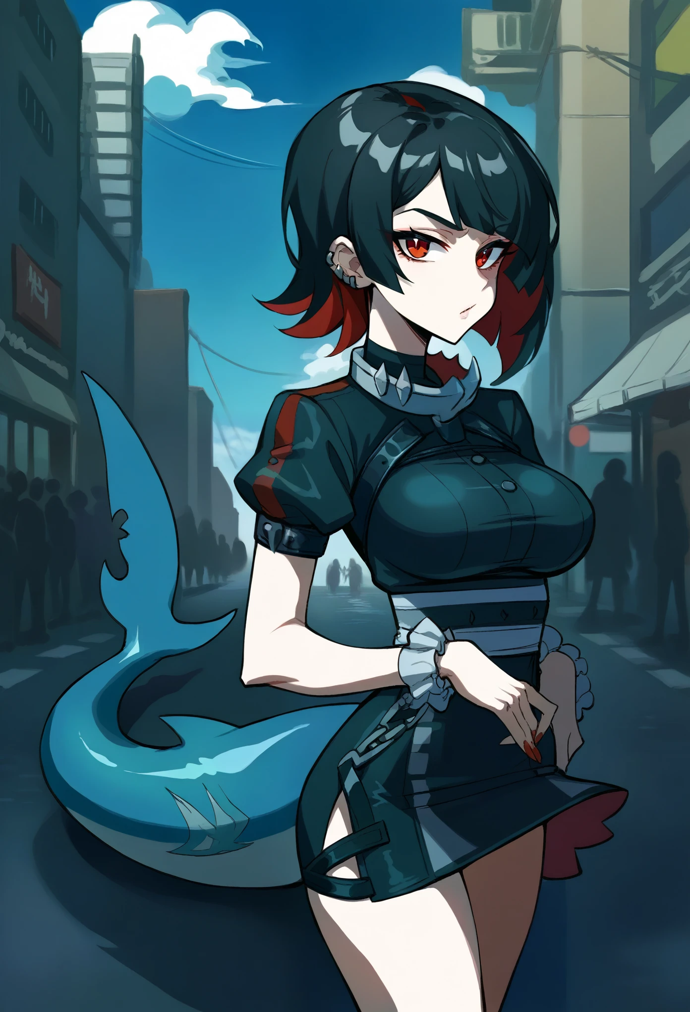 ellenjoe, ellen joe, black hair, colored inner hair, multicolored hair, (red eyes:1.3), red hair, long hair, two-tone hair,
BREAK, black shirt, black skirt, ear piercing, fins, fish tail,  short sleeves,, shark girl, shark tail, shirt, short sleeves, skirt, tail, two-tone hair, wrist cuffs,
BREAK outdoors, city, sky, clouds, sun, buildings, crowd, people, alley,
BREAK looking at viewer, (cowboy shot:1.5),
BREAK (masterpiece:1.2), best quality, high resolution, unity 8k wallpaper, (illustration:0.8), (beautiful detailed eyes:1.6), extremely detailed face, perfect lighting, extremely detailed CG, (perfect hands, perfect anatomy),