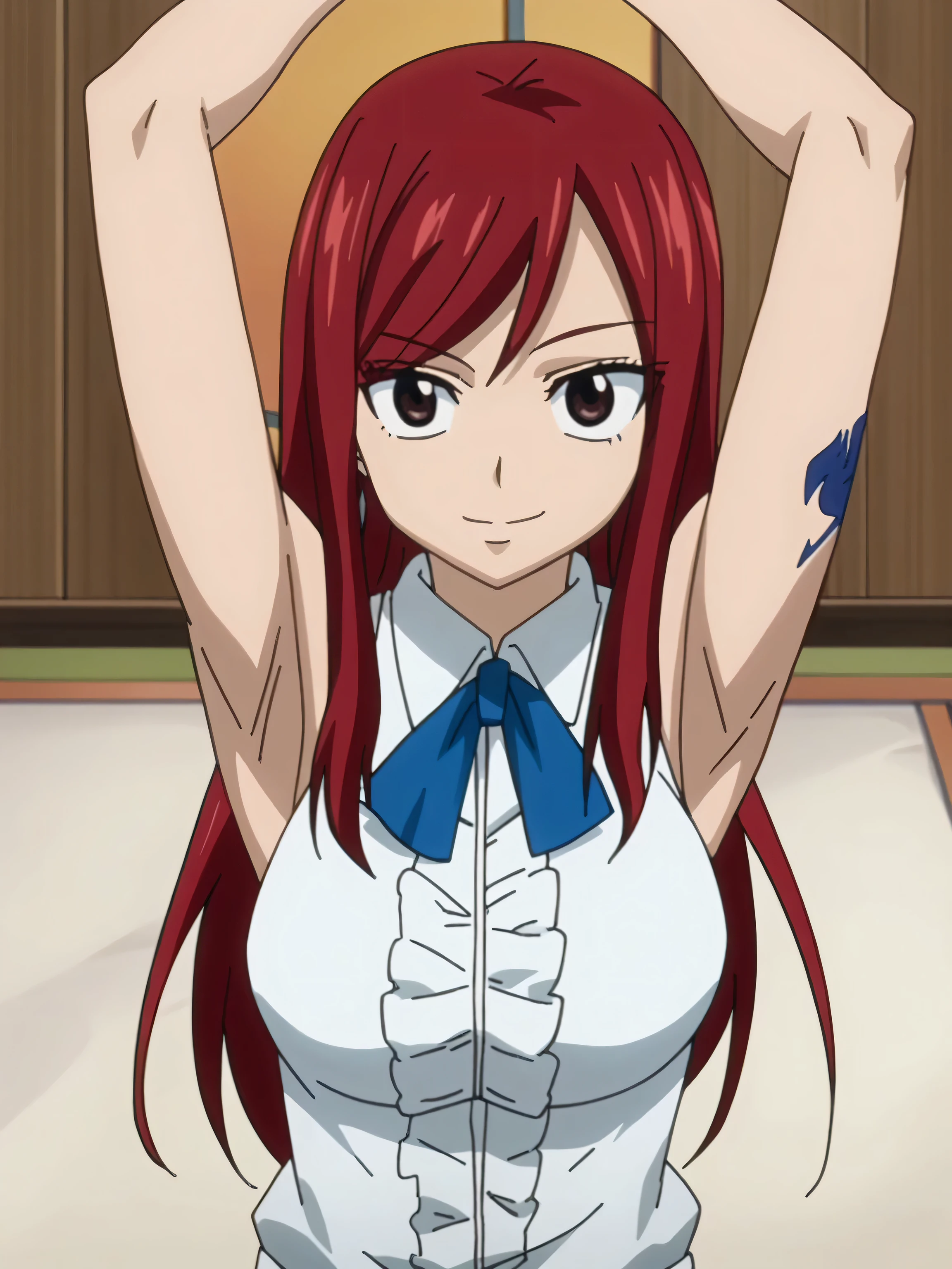 score_9, score_8_up, score_7_up, source_anime, anime screencap, 1girl, solo, Erza_Scarlet_Casual, brown_eyes, red_hair, long_hair, large_breasts, tattoo, sleeveless_shirt, white_shirt, arms up, raised arms, armpits, looking at viewer, smile, closed mouth, indoors, from above, badhandv4