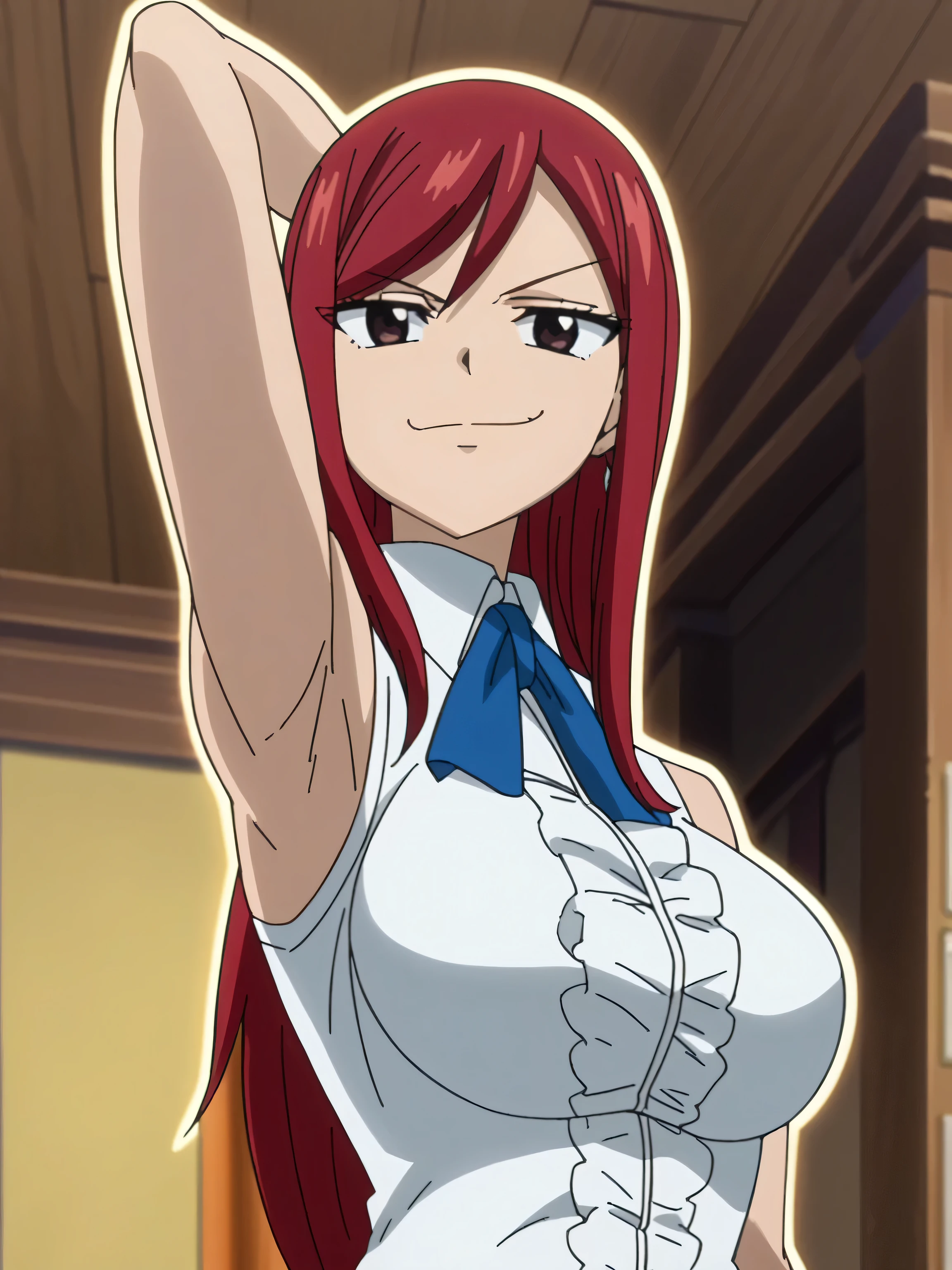 score_9, score_8_up, score_7_up, source_anime, anime screencap, 1girl, solo, Erza_Scarlet_Casual, brown_eyes, red_hair, long_hair, large_breasts sleeveless_shirt, white_shirt, arm behind head, armpit, looking at viewer, smile, smug, closed mouth, from side, from below, armpit focus, armpit up close, close-up of armpit, indoors, badhandv4